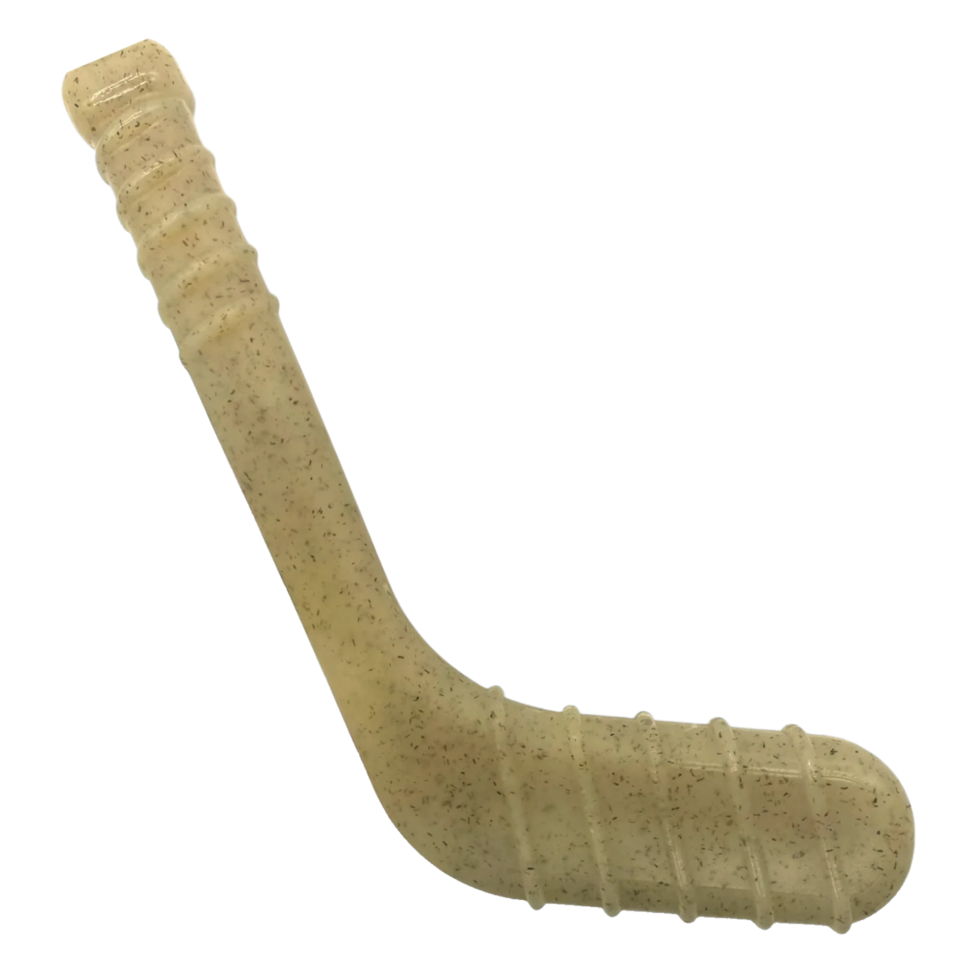 Beige hockey stick-shaped dog chew toy with ribbed grip