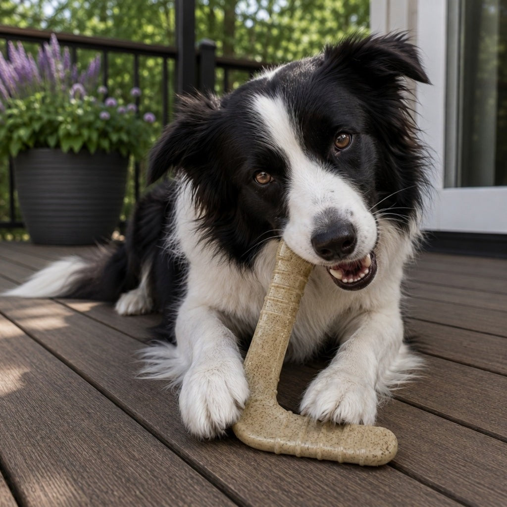 Border Collie chewing a SodaPup Hockey Stick toy