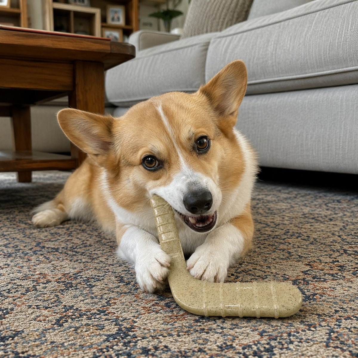 Corgi chewing a SodaPup Hockey Stick nylon toy