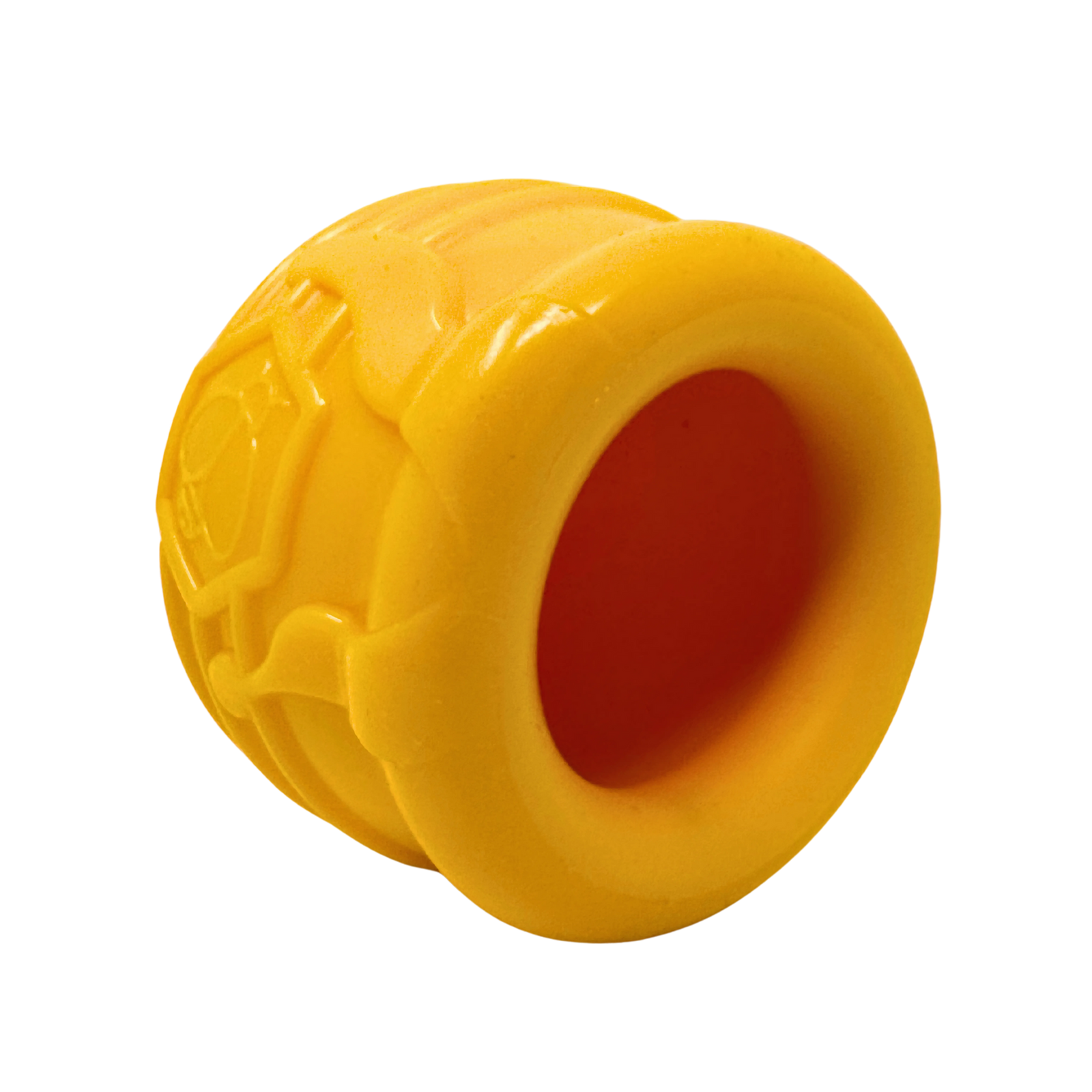 Yellow honey pot dog toy with a bee and hexagonal pattern on a white background
