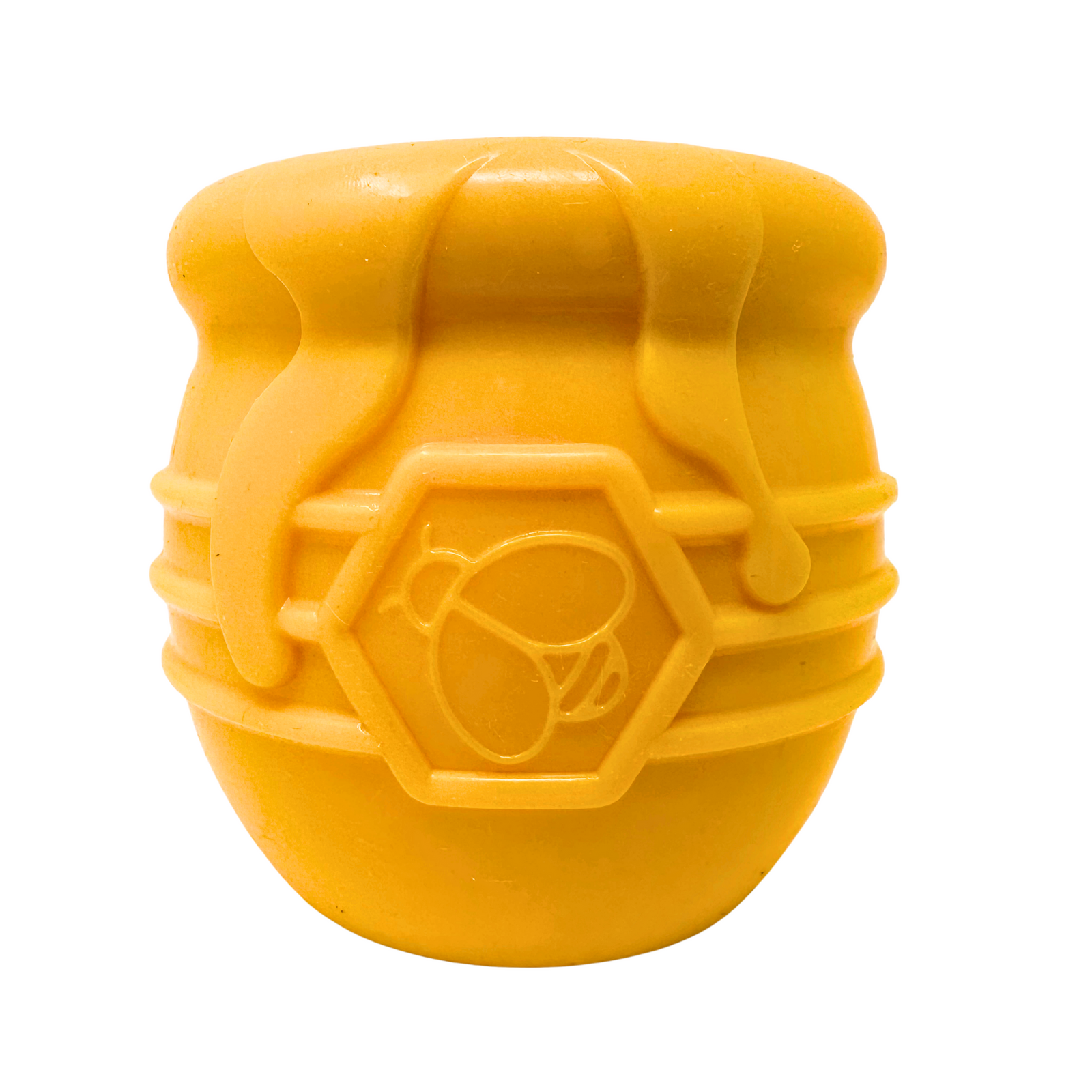 Yellow honey pot dog toy with a bee and hexagonal pattern on a white background