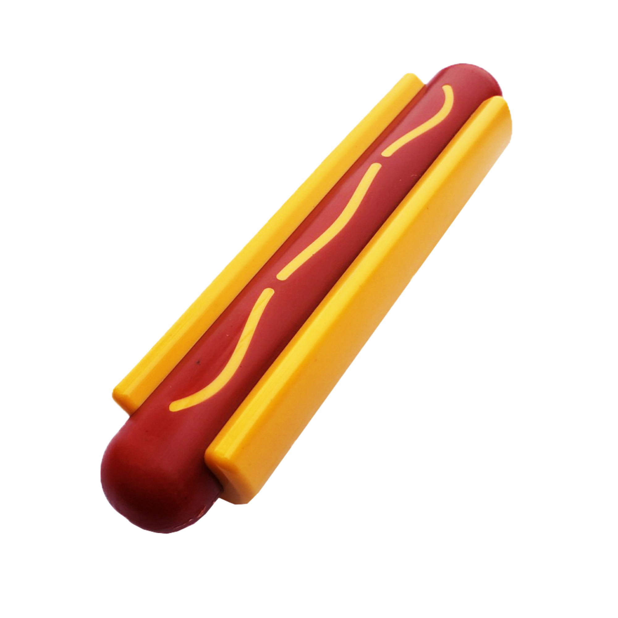 Dog toy shaped like a hot dog in a yellow bun with mustard detail
