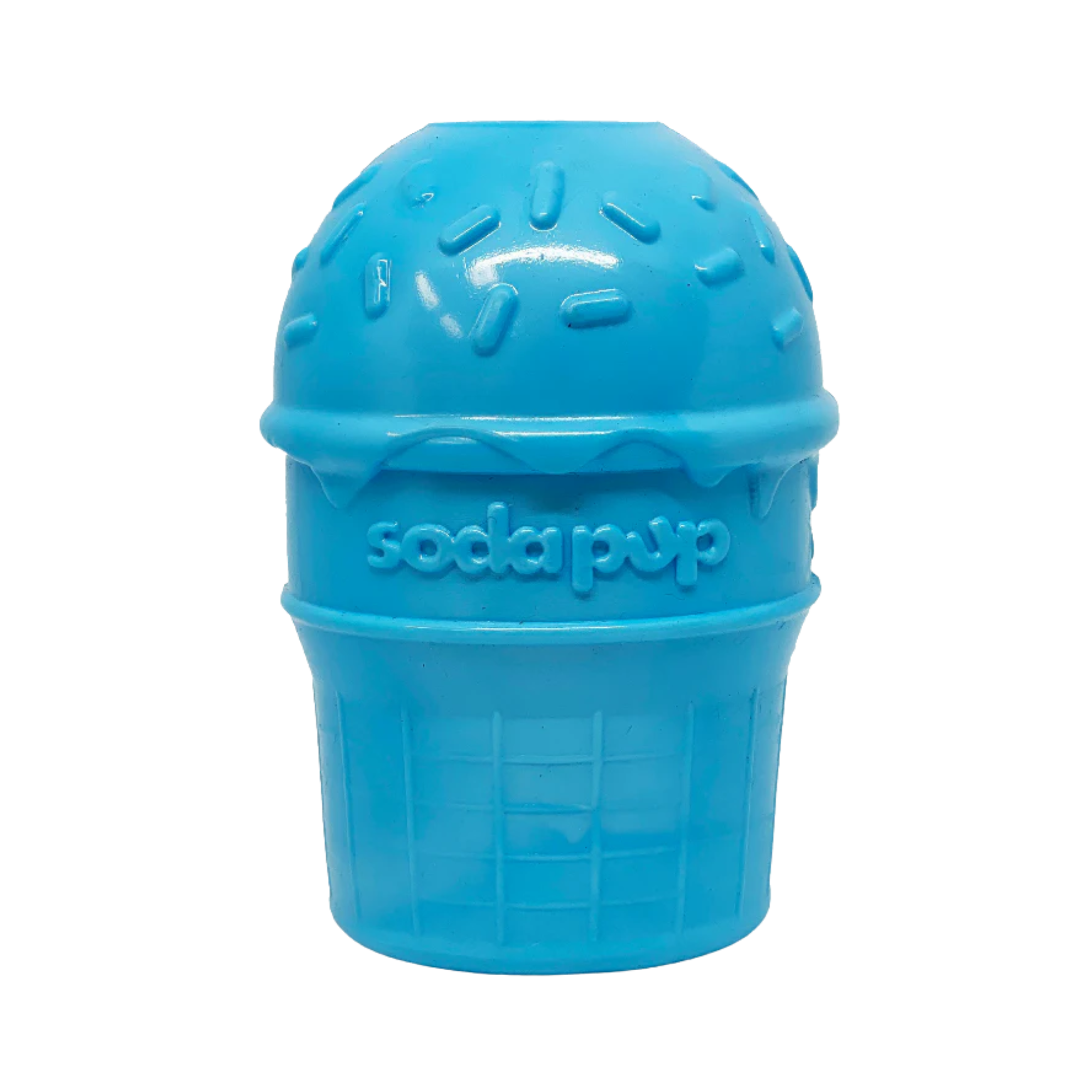 blue ice cream shaped dog toy with "sodapup branding" on white background