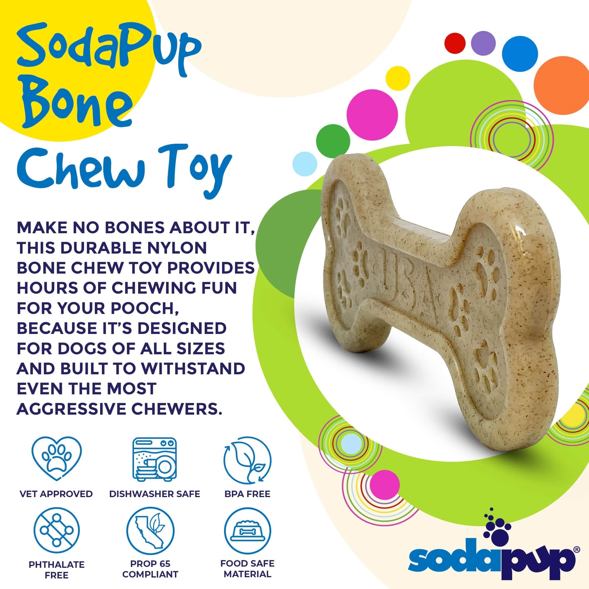 Durable nylon bone chew toy for all dog sizes, vet approved, BPA-free, and made with food-safe materials