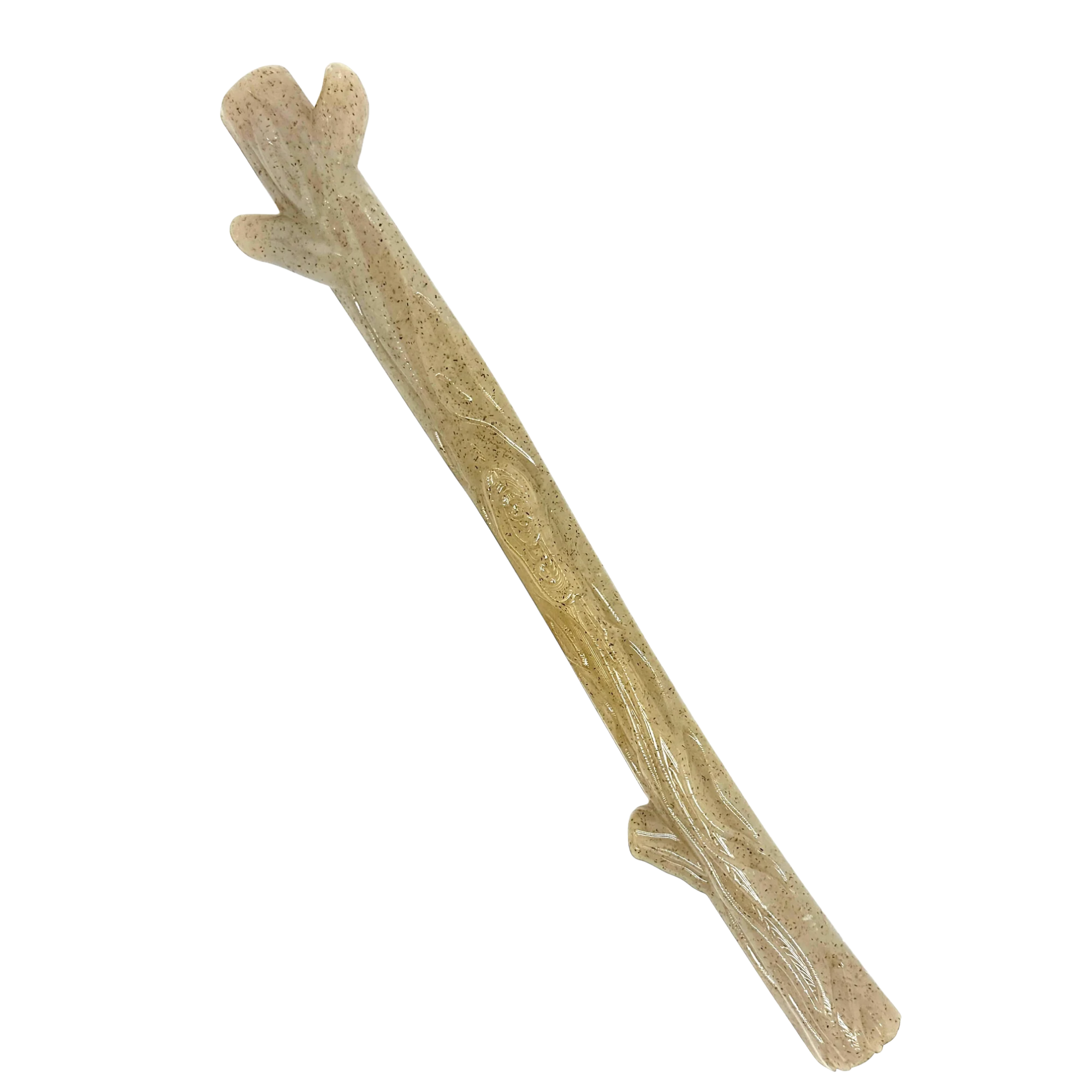 Dog chew toy resembling a natural branch on a white background
