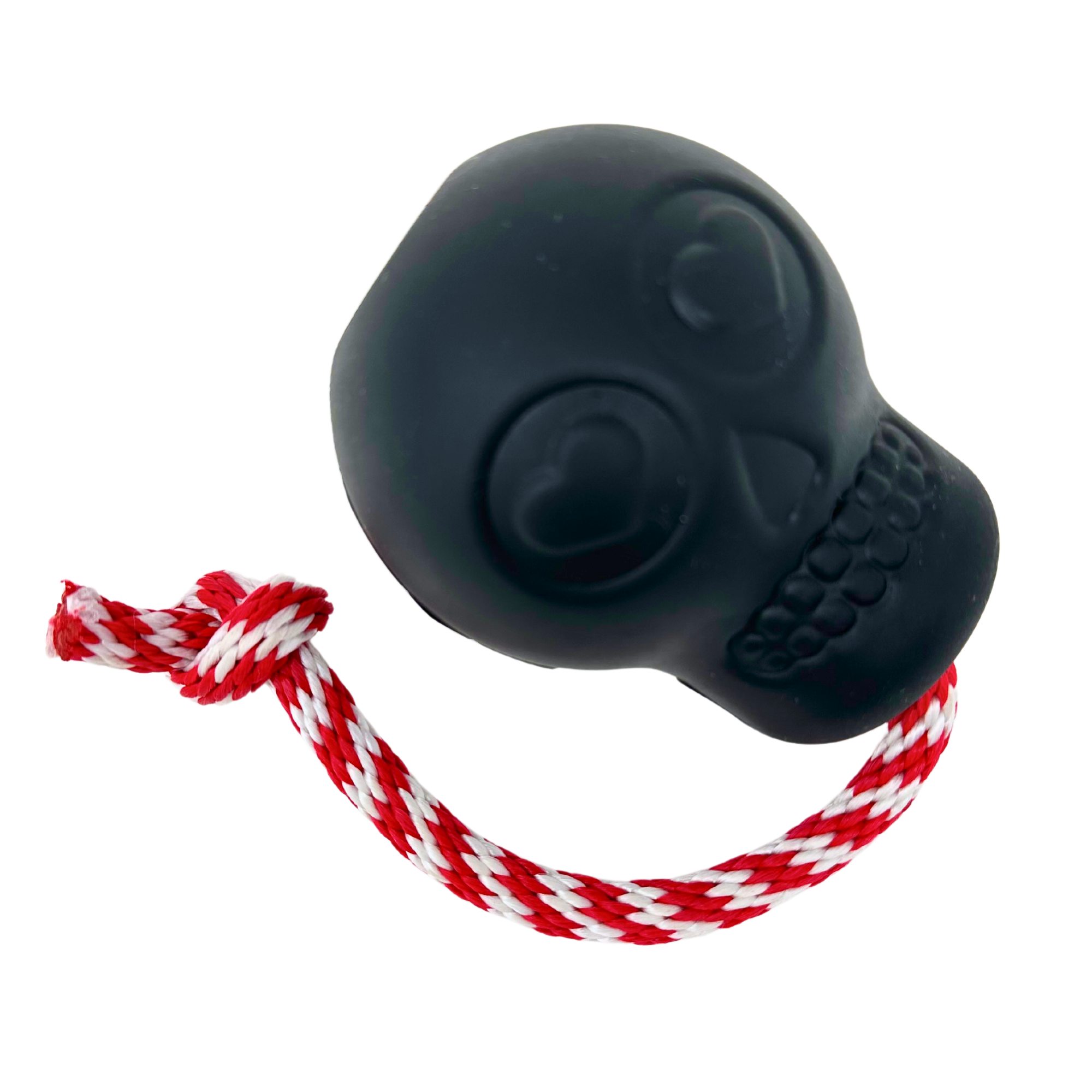 Black skull-shaped dog toy with heart-shaped eyes, featuring a securely attached braided red and white rope