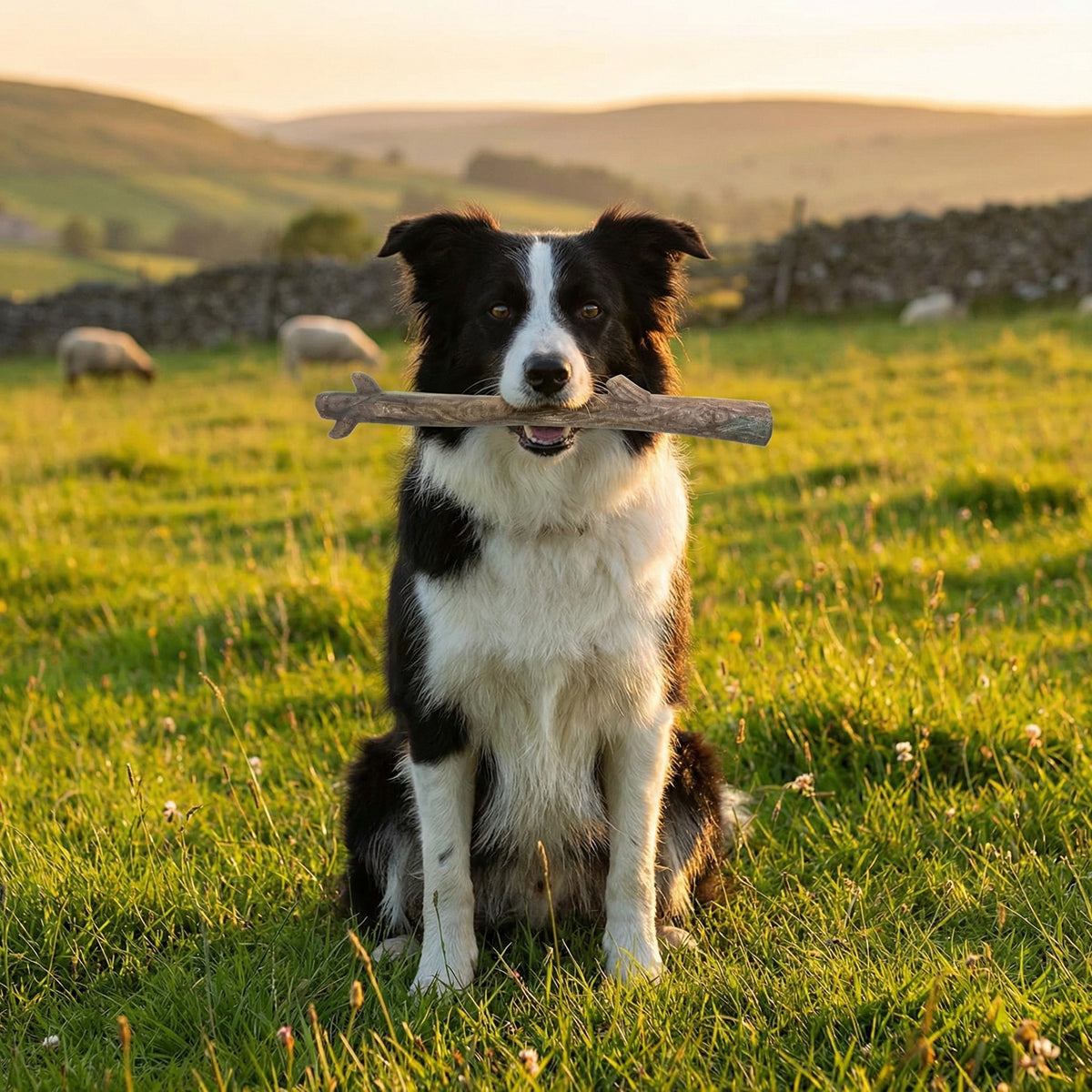 Border Collie sitting with a SodaPup nylon Stick in a field