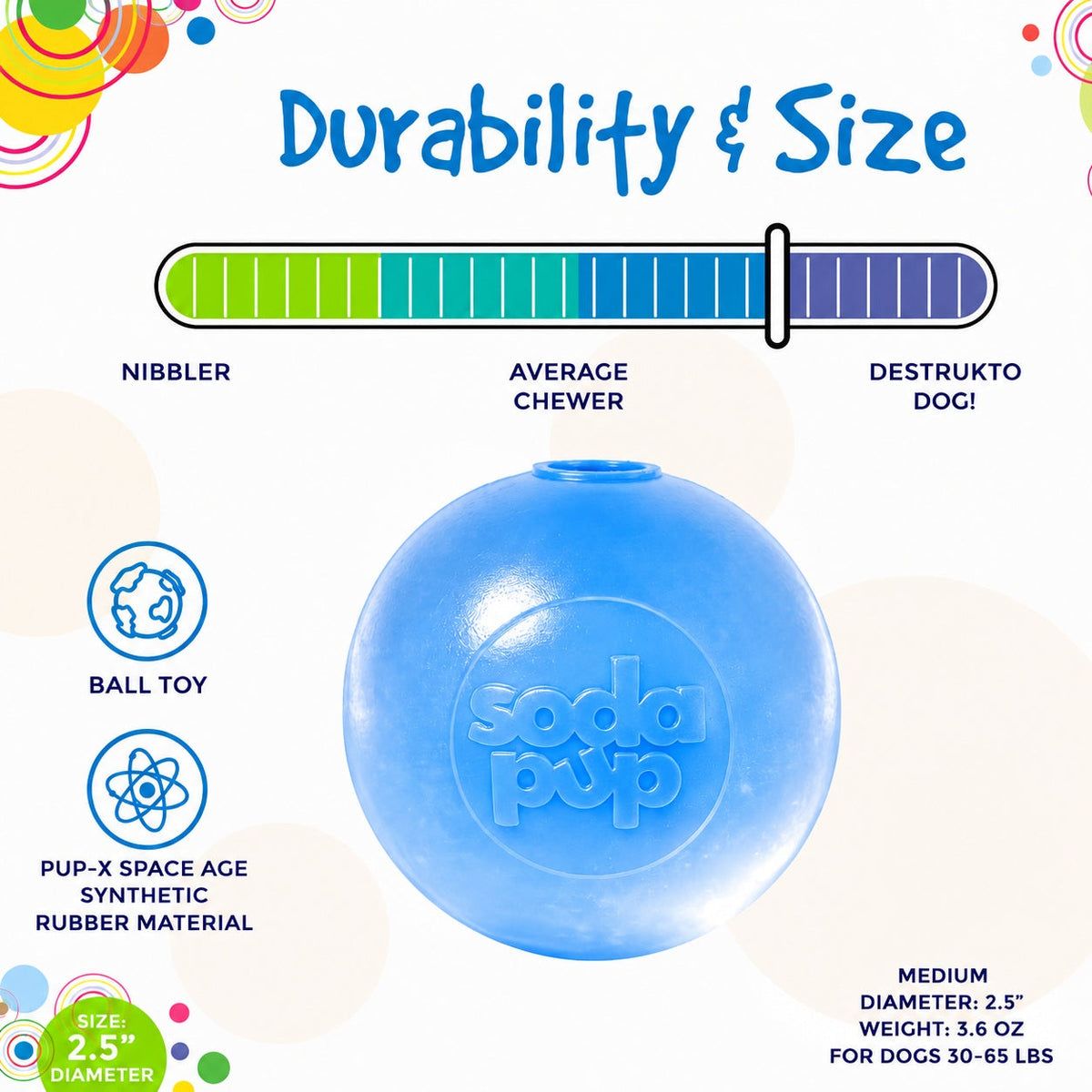 SodaPup Strobe Ball durability and size chart