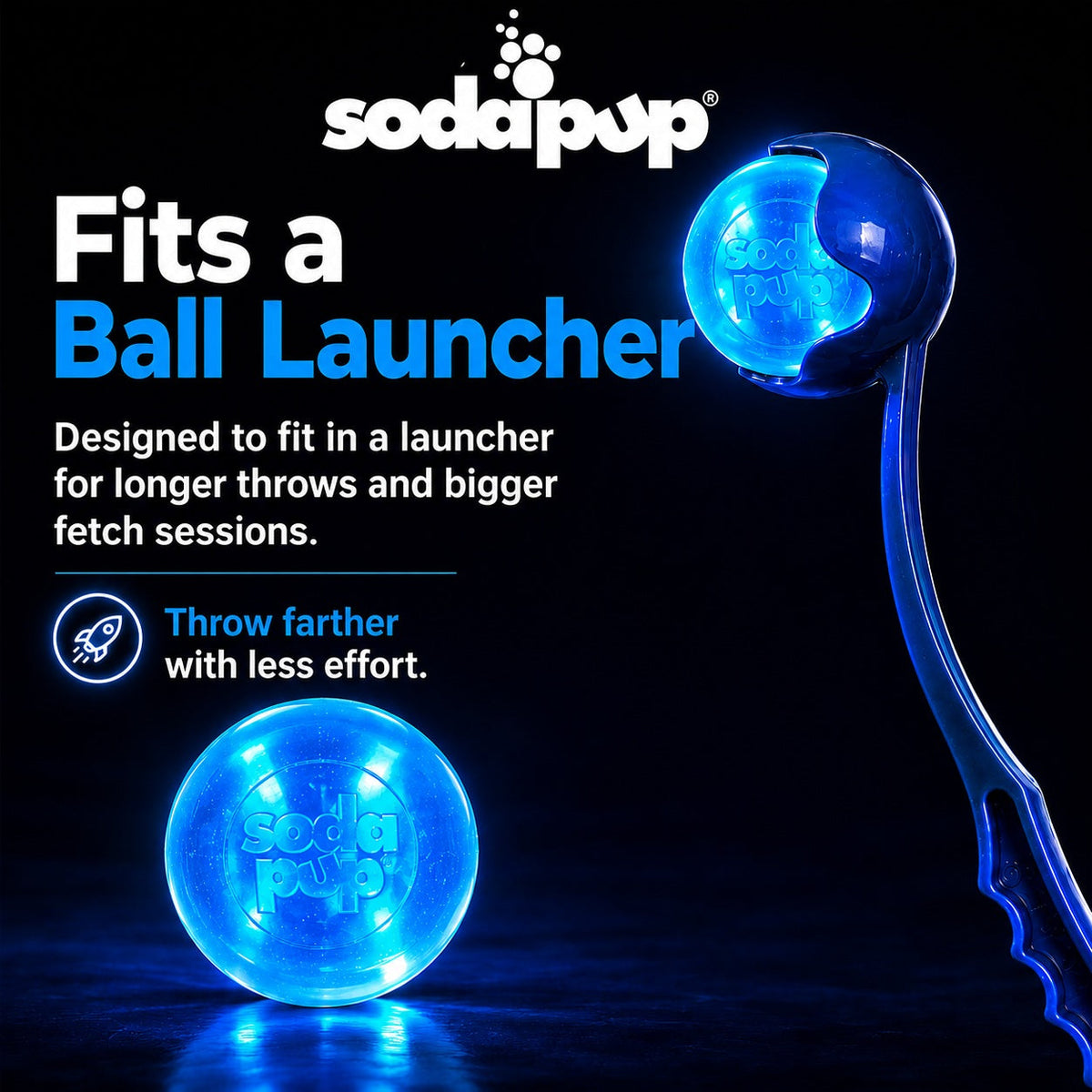 SodaPup Strobe Ball shown fitting into a ball launcher