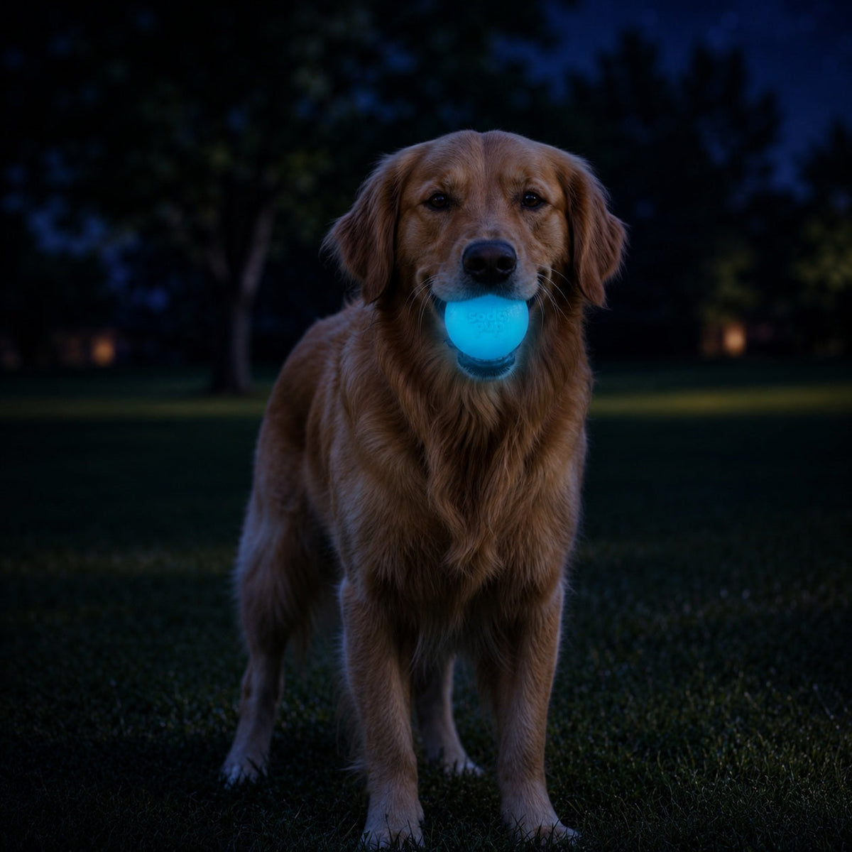 Dog holding the lit-up blue SodaPup Strobe Ball at night