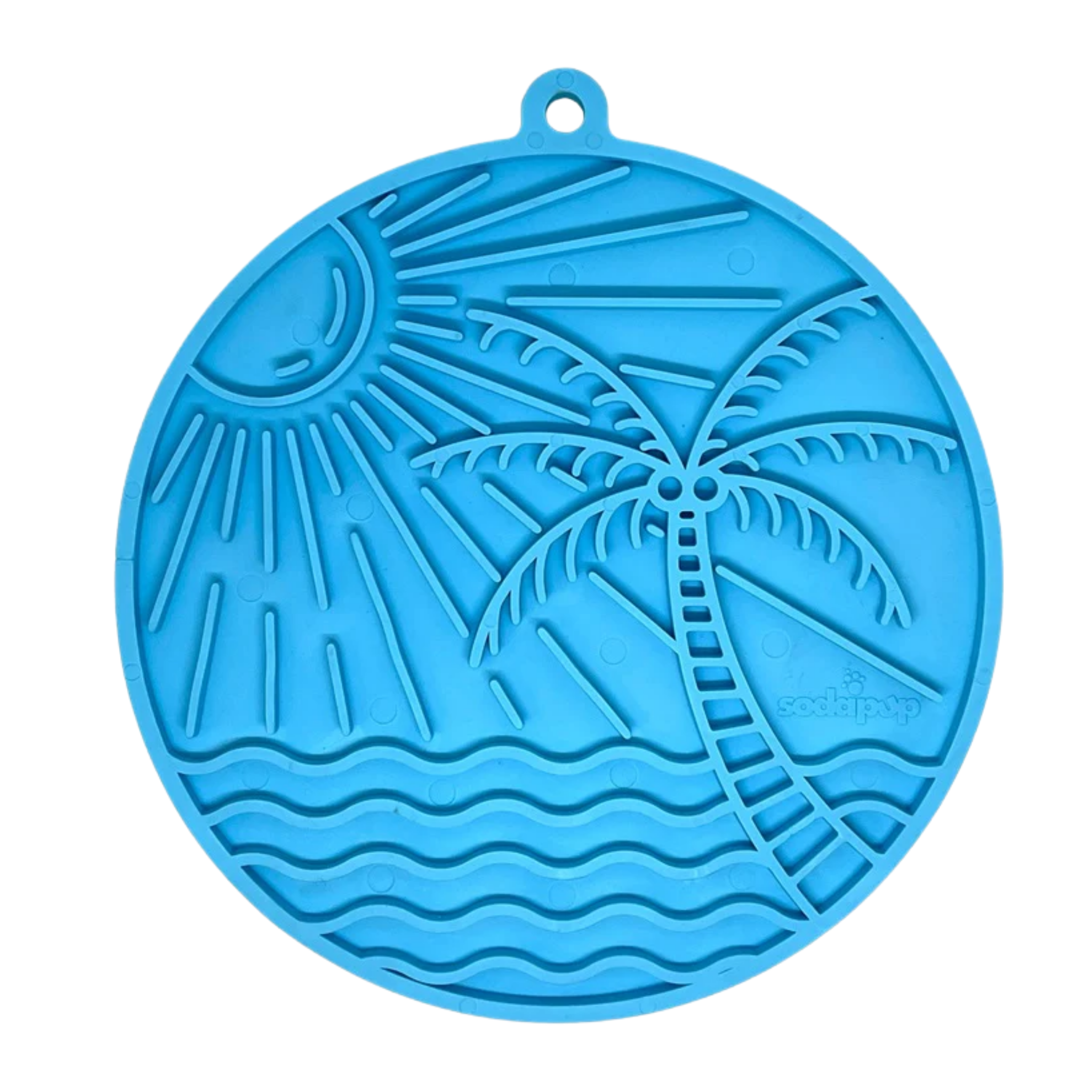 Blue SodaPup Sun N’ Sea eMat enrichment feeder with a textured palm tree pattern to help soothe and calm pets.