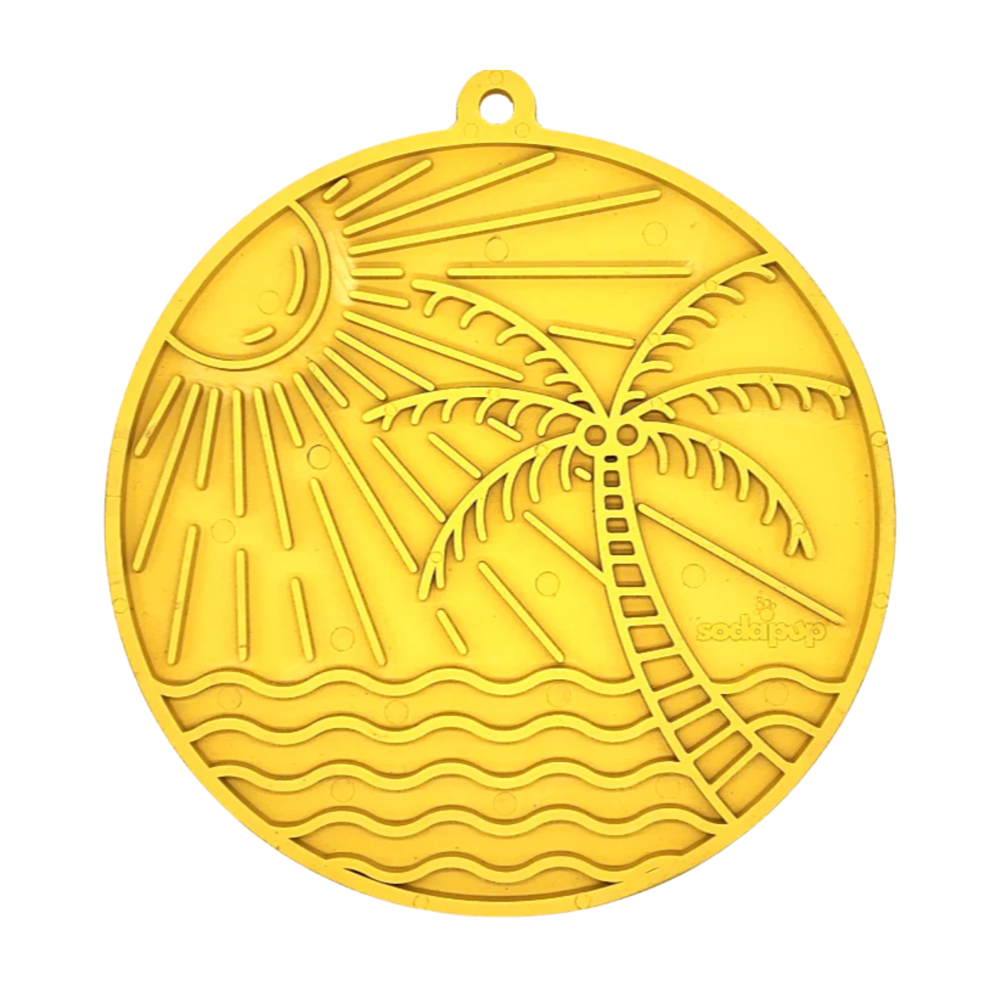 Yellow SodaPup Sun N’ Sea lick mat for dogs and cats featuring a tropical palm tree and sun design for enrichment.