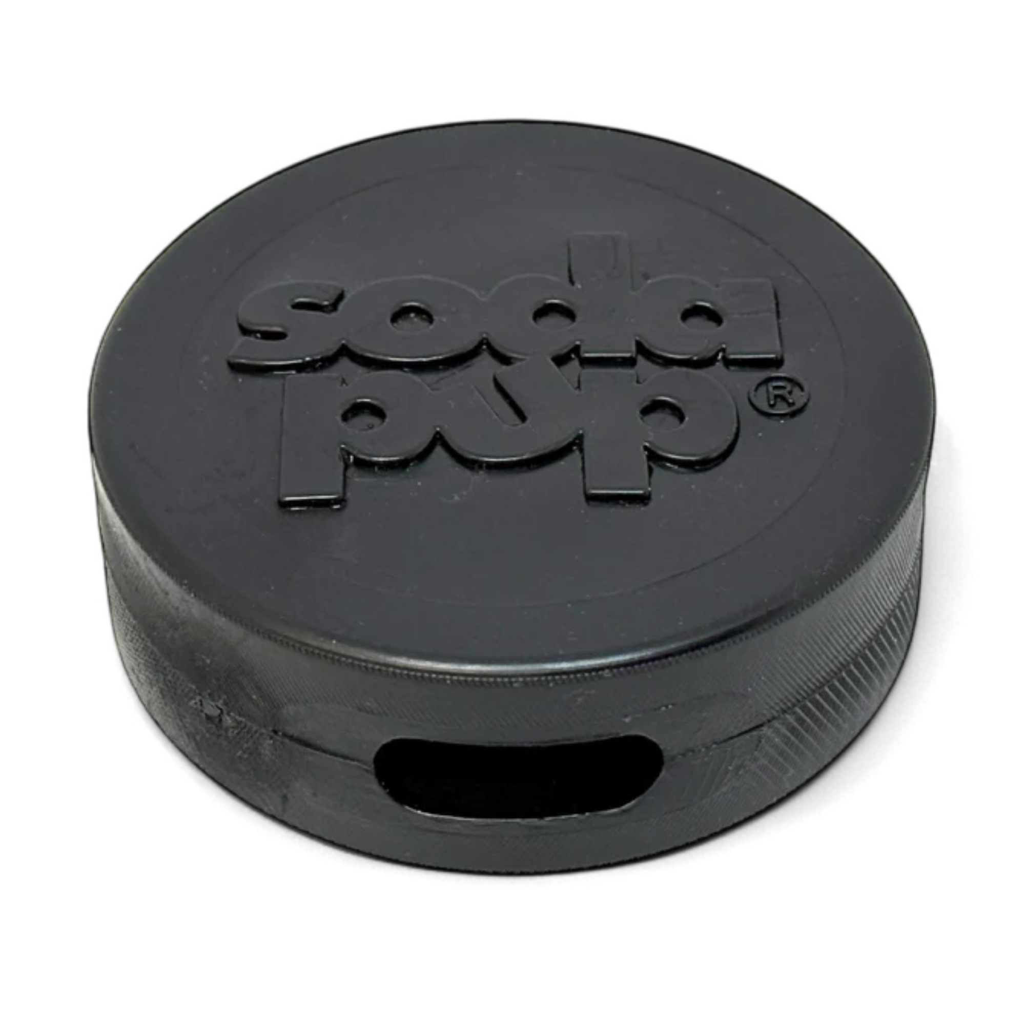 Black dog toy shaped like a hockey puck with "soda pup" embossed on the top
