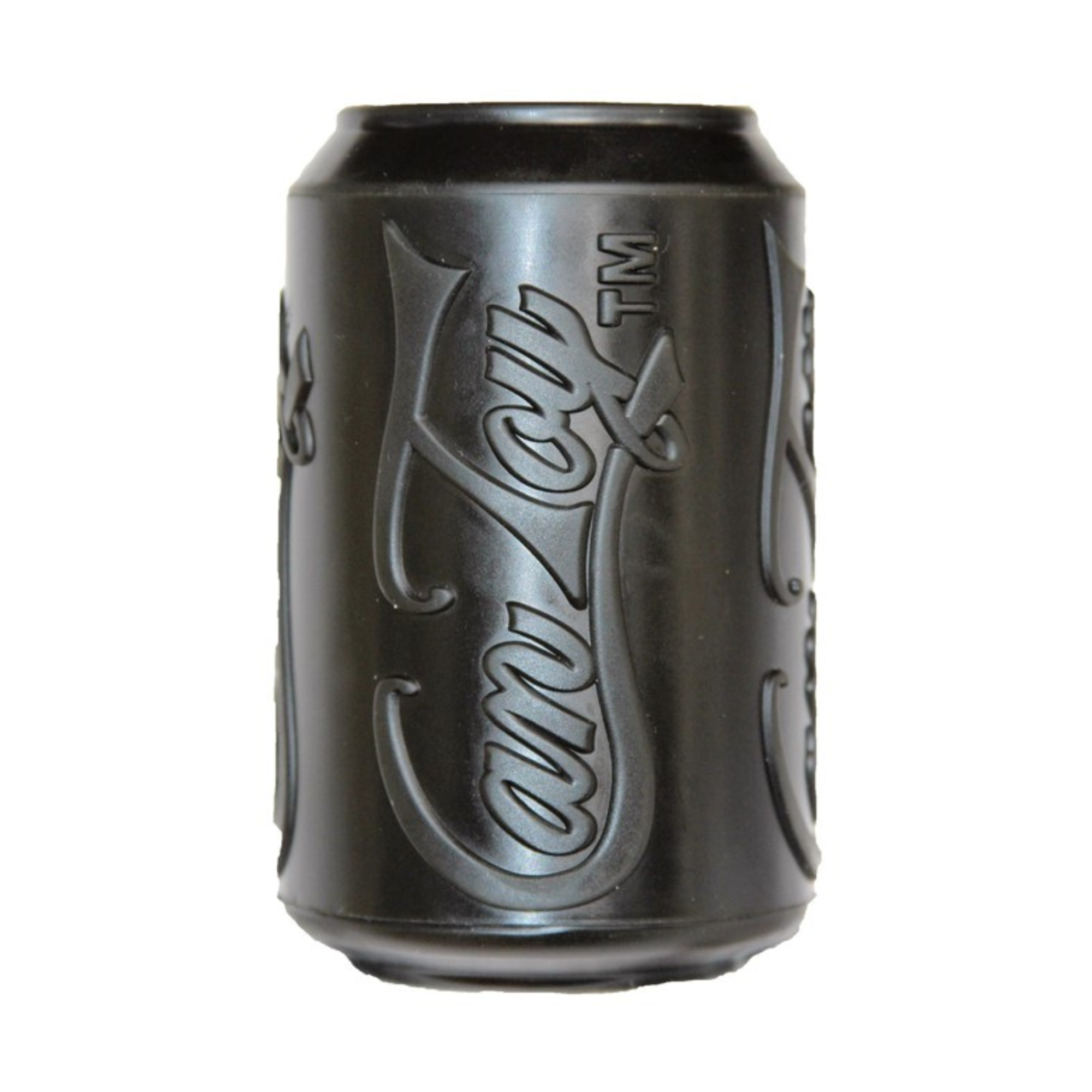 Black rubber dog toy shaped like a soda can, embossed with “Can Toy™”