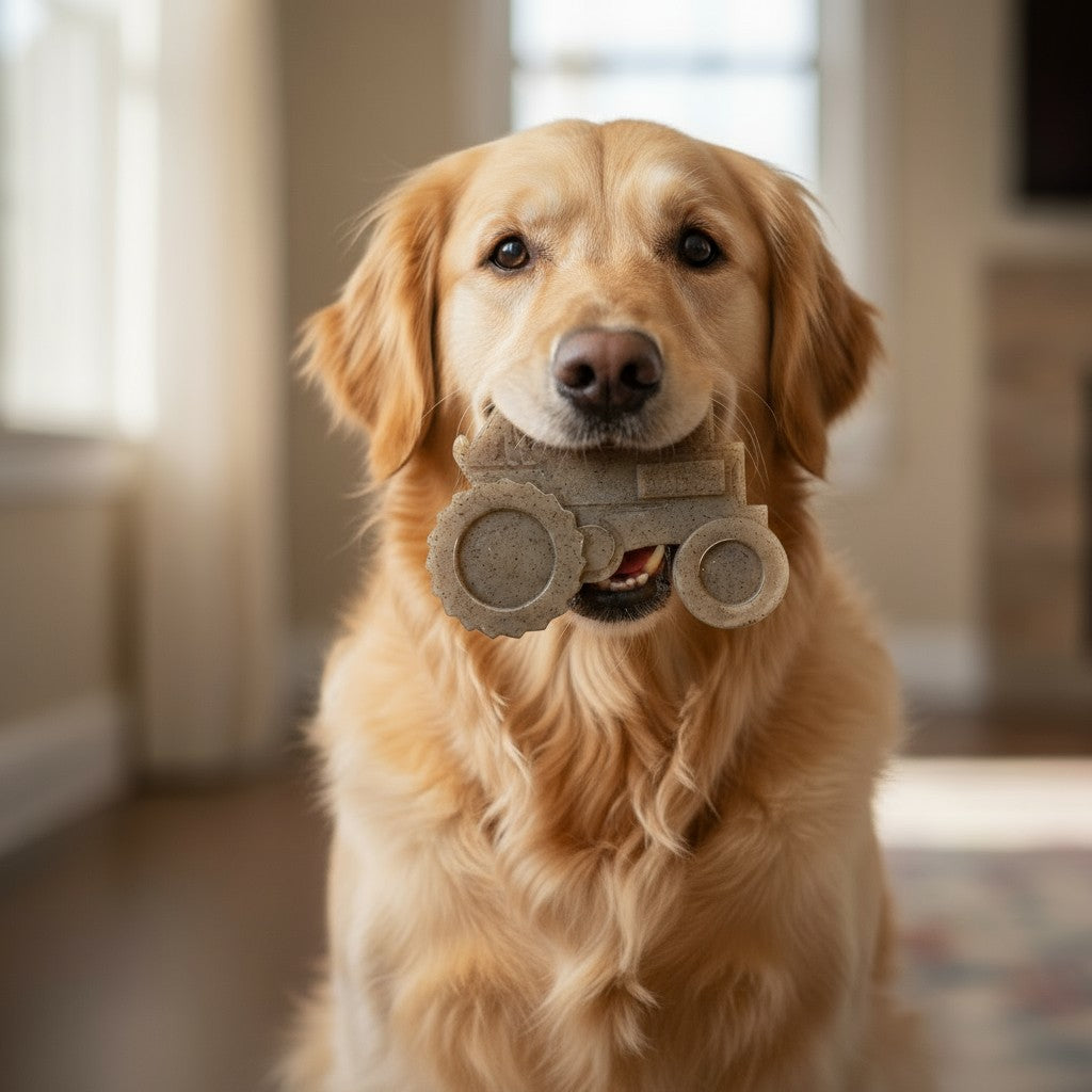 Golden retriever holding a yellow SodaPup Tractor chew toy