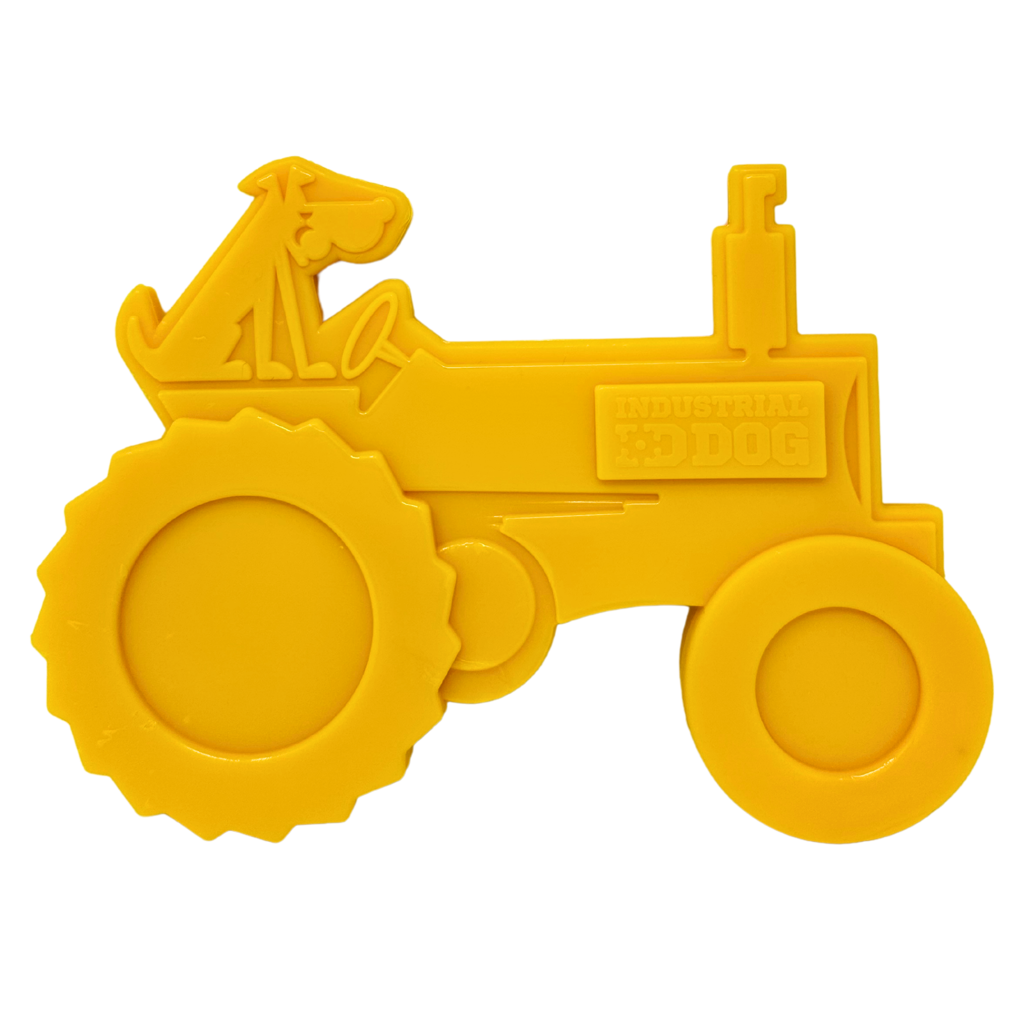 Yellow tractor-shaped dog toy with a cartoon dog driver and “Industrial Dog” embossed on the side
