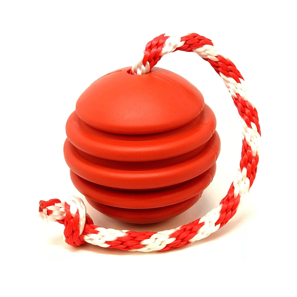 Side view of the red SodaPup tug ball with rope
