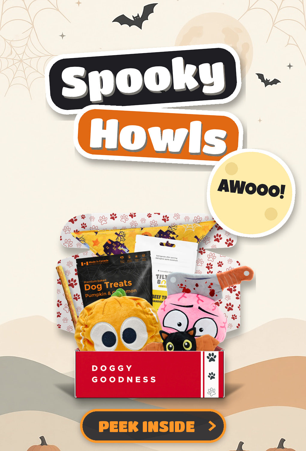 Spooky Howls Halloween themed WoofCrate dog box with toys and treats, Peek Inside