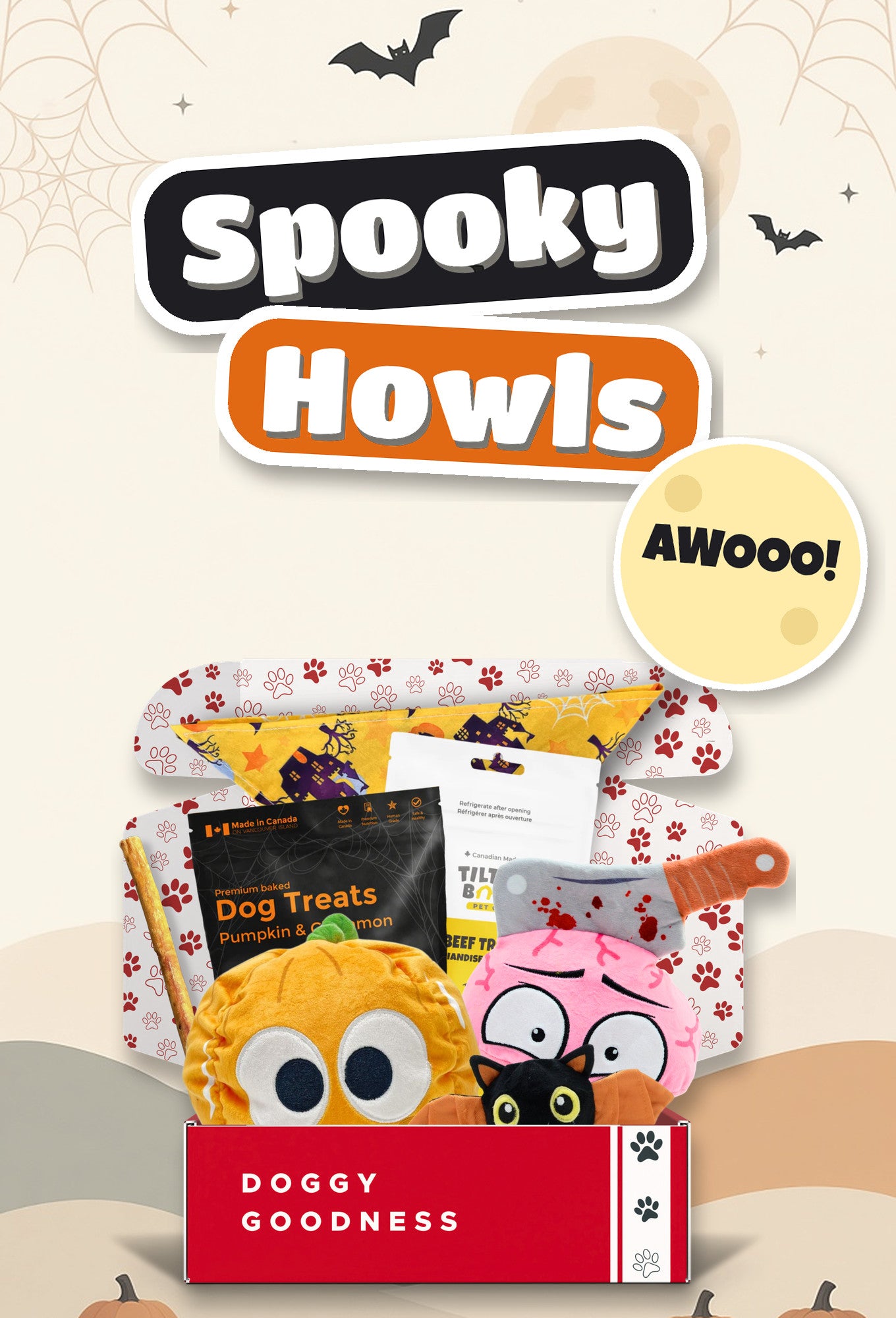 Spooky Howls Halloween themed WoofCrate dog box with toys and treats
