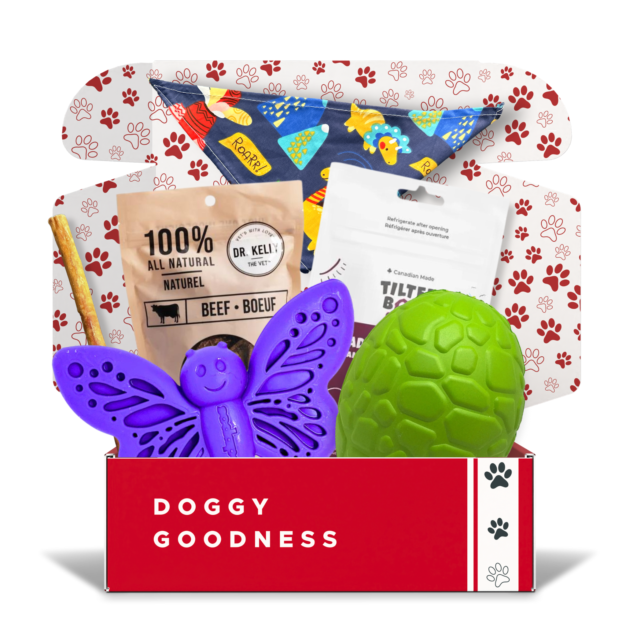 Dog gift box containing Dr. Kelly’s beef treats, Tilted Barn jerky, chew toys, and colorful dino-print bandana