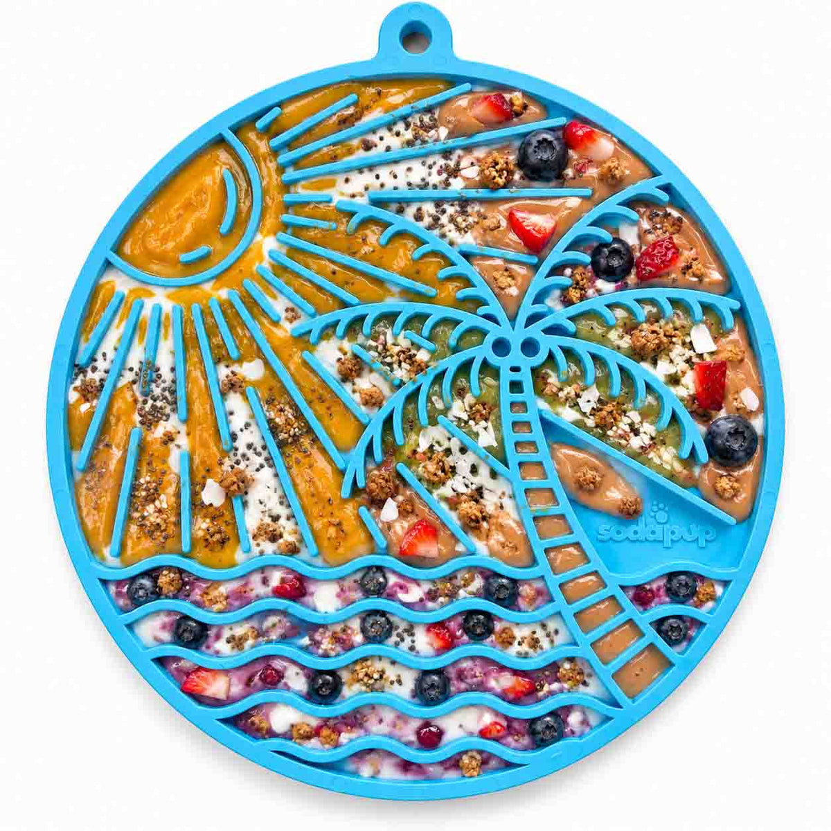 Blue Sun n' Sea lick mat covered in colourful treats