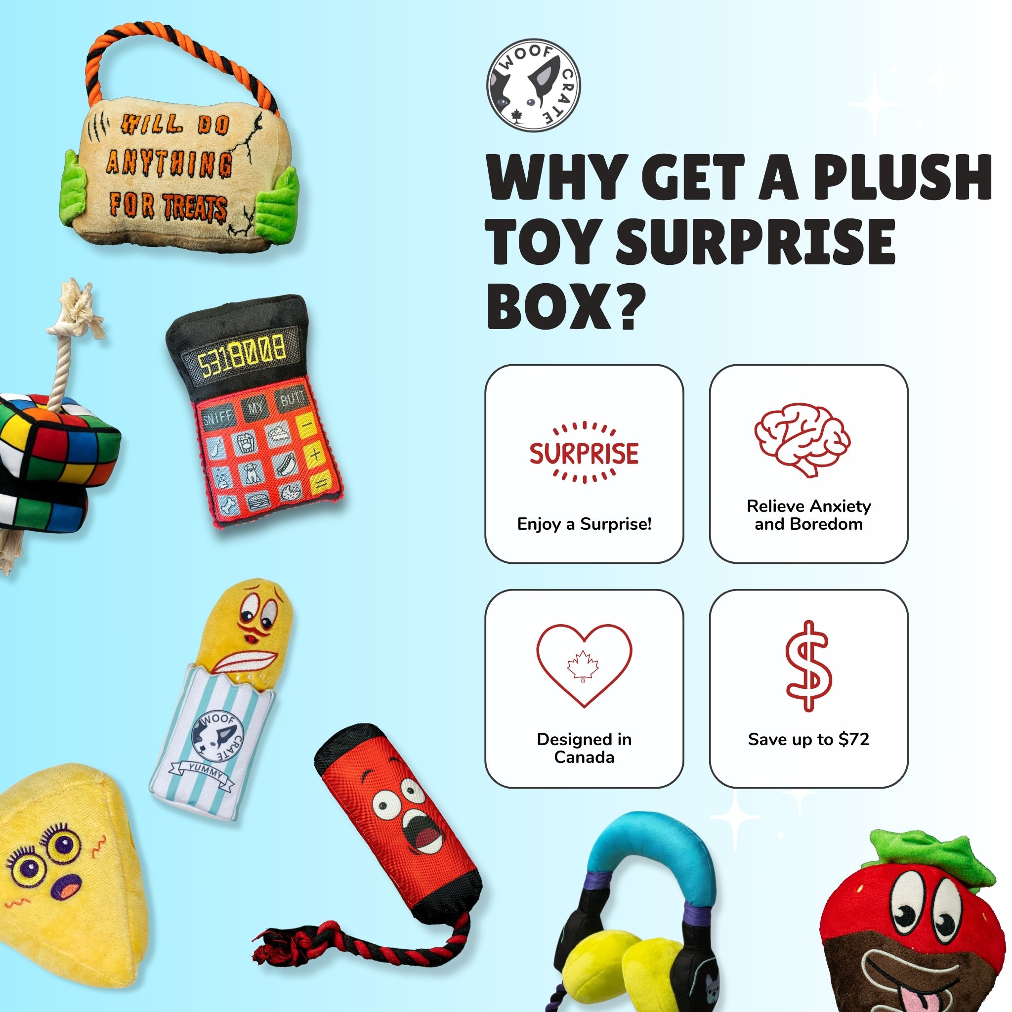 Deluxe Surprise Box of Plush Dog Toys - WoofCrate