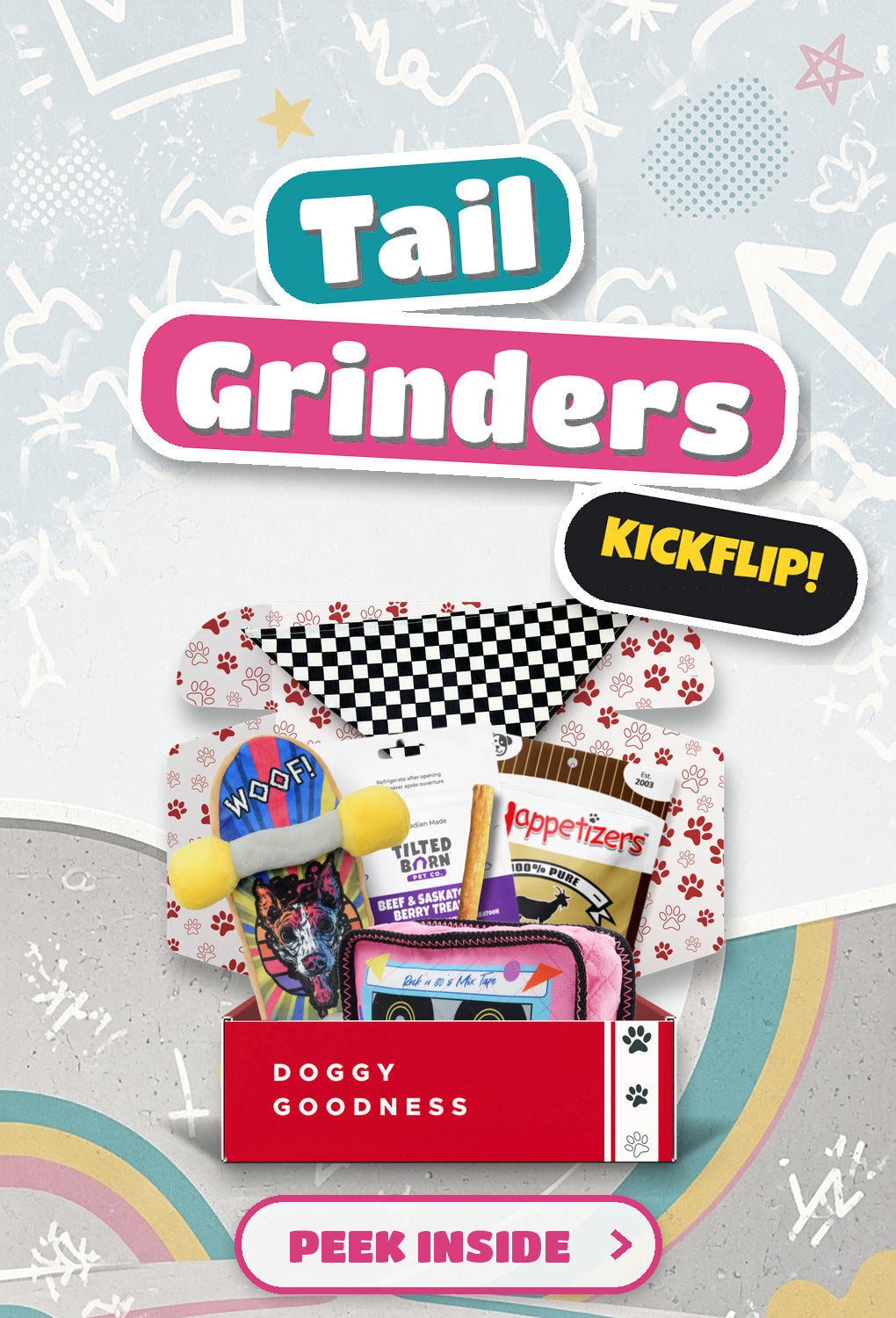 Tail Grinders skateboard themed WoofCrate dog box with toys and treats, Peek Inside