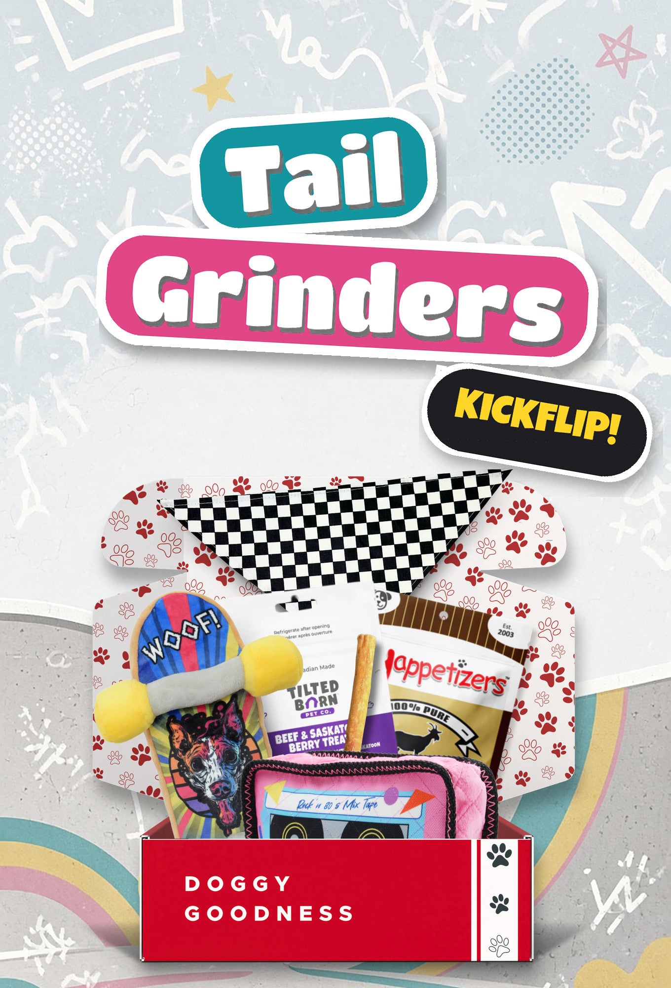 Tail Grinders skateboard themed WoofCrate dog box with toys and treats