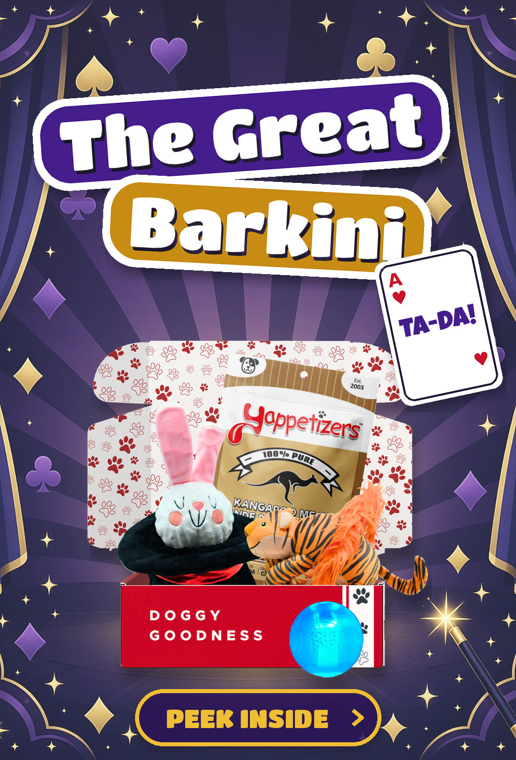 WoofCrate The Great Barkini magic themed dog box - Peek Inside