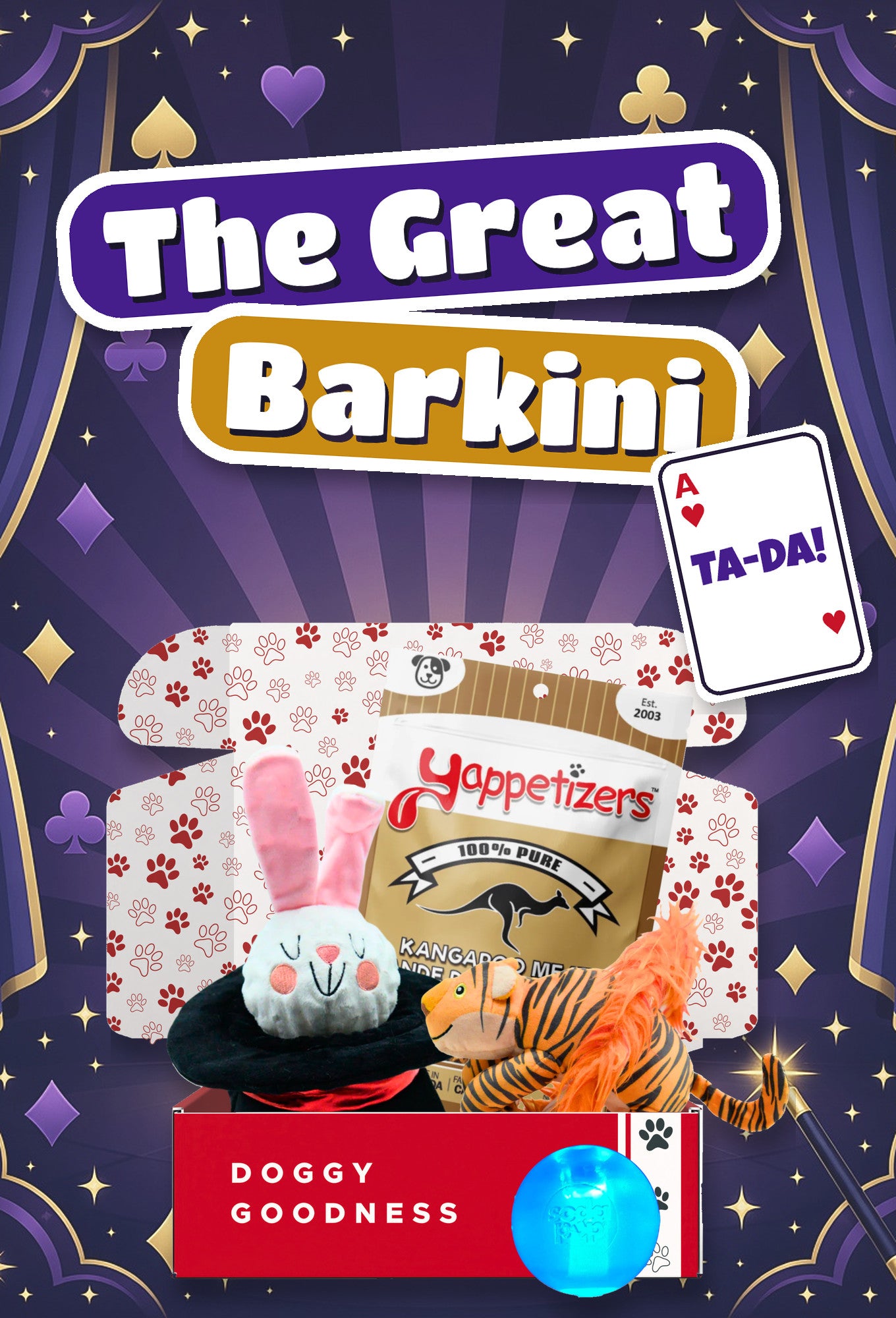 The Great Barkini magic themed WoofCrate dog box with toys and treats