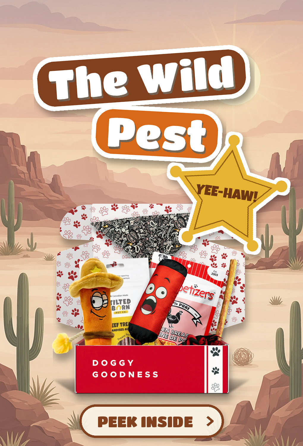 The Wild Pest Wild West themed WoofCrate dog box with toys and treats, Peek Inside