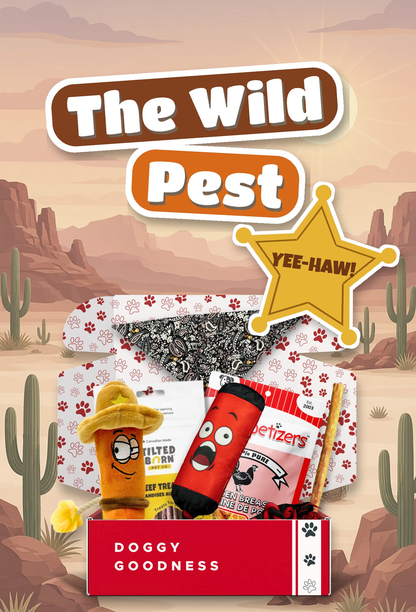 The Wild Pest Wild West themed WoofCrate dog box with toys and treats