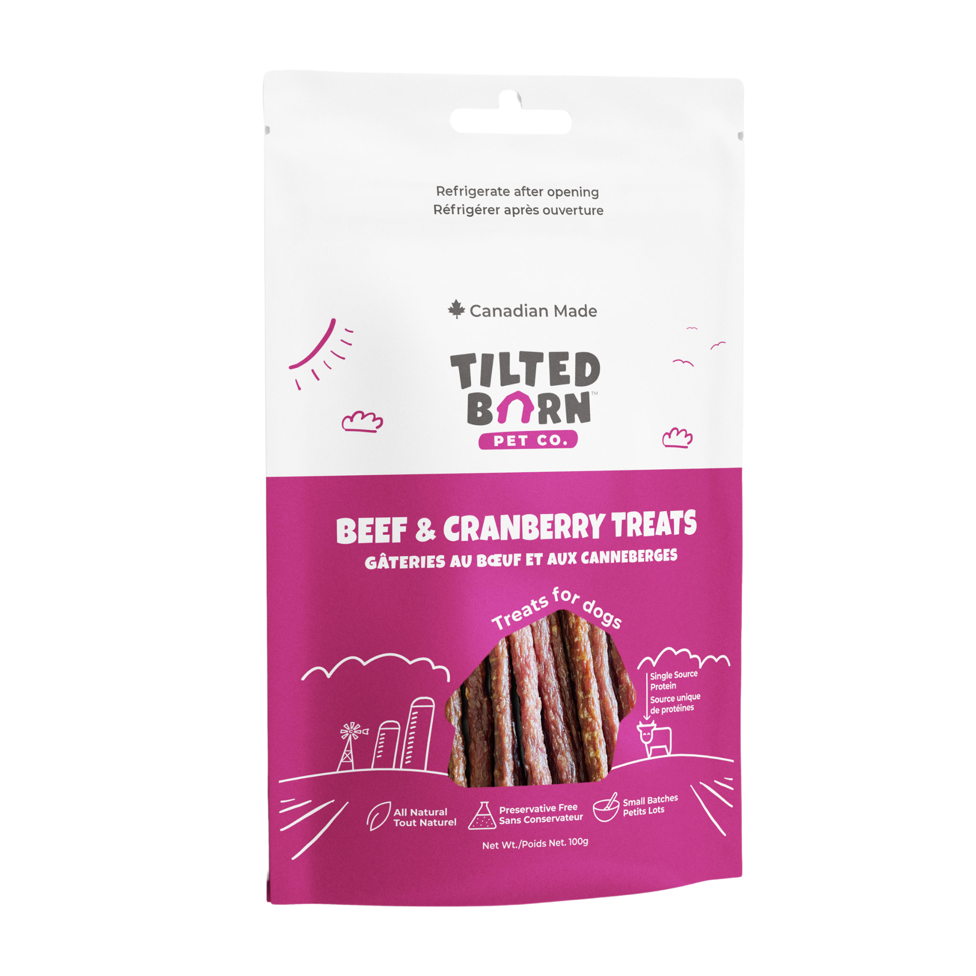 Front view of Tilted Barn Pet Co. Beef & Cranberry dog treats in a pink package