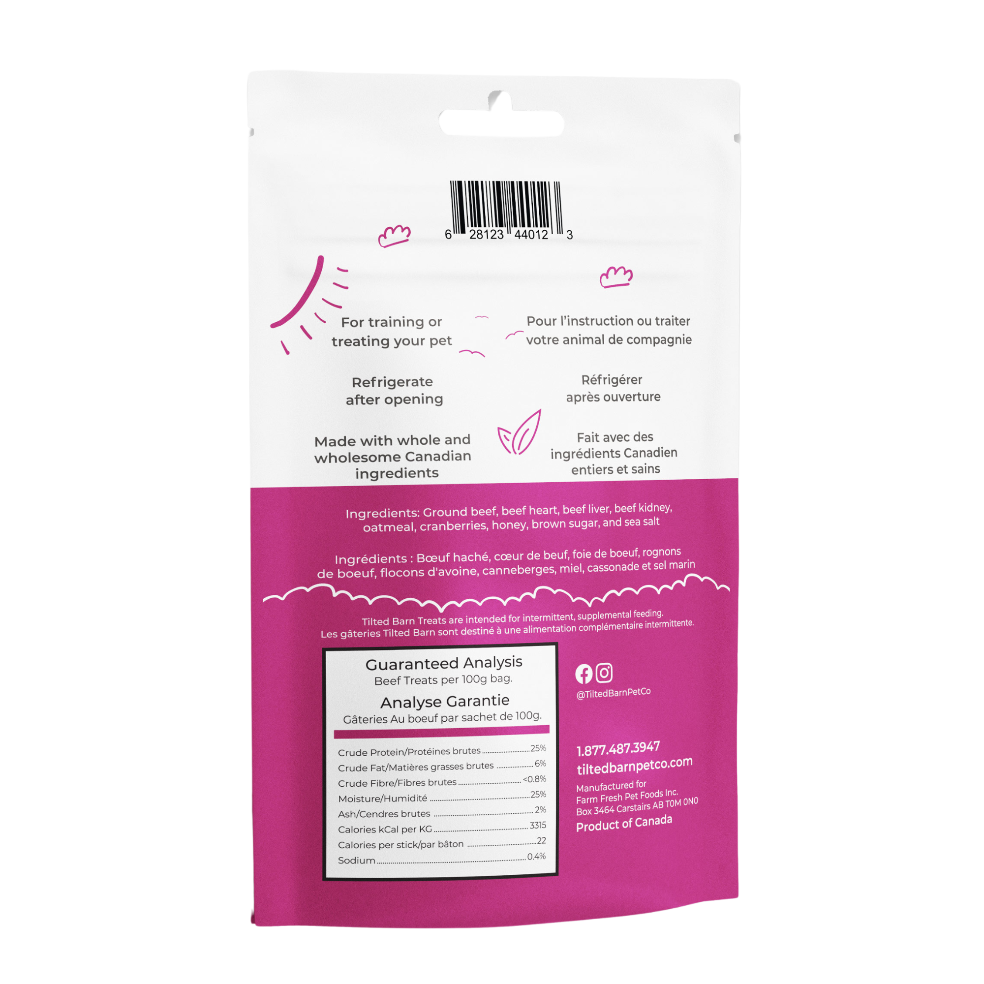 Back view of Tilted Barn Pet Co. Beef & Cranberry dog treats in a pink package with nutritional and ingredient information