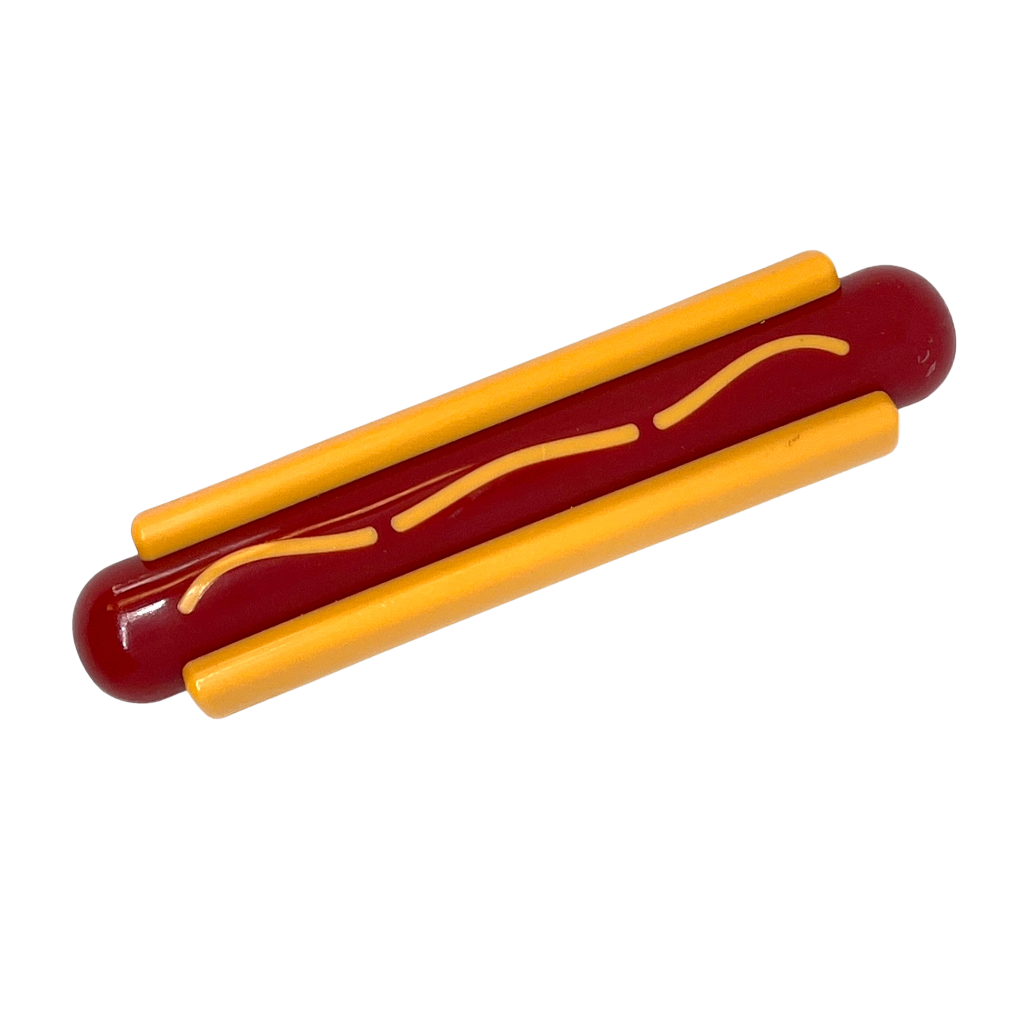 Dog toy shaped like a hot dog in a yellow bun with mustard detail