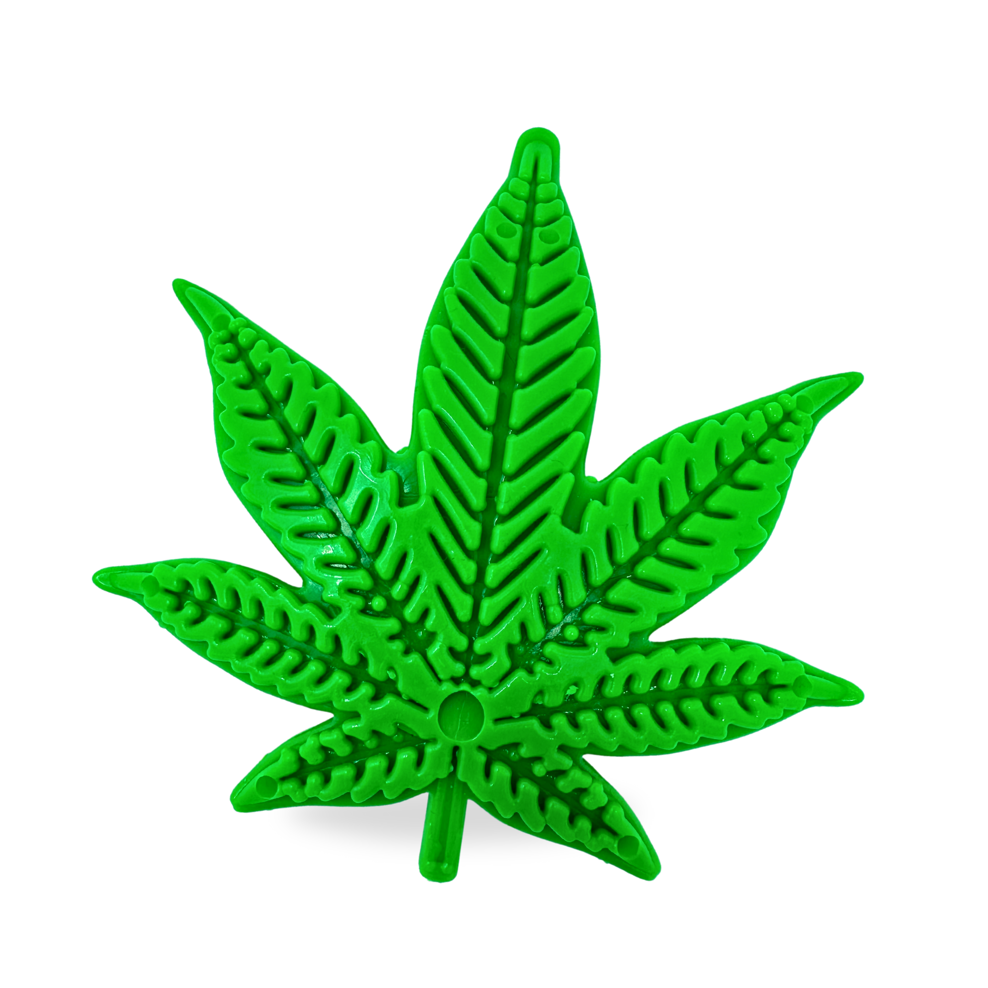 Green dog toy shaped like a cannabis leaf