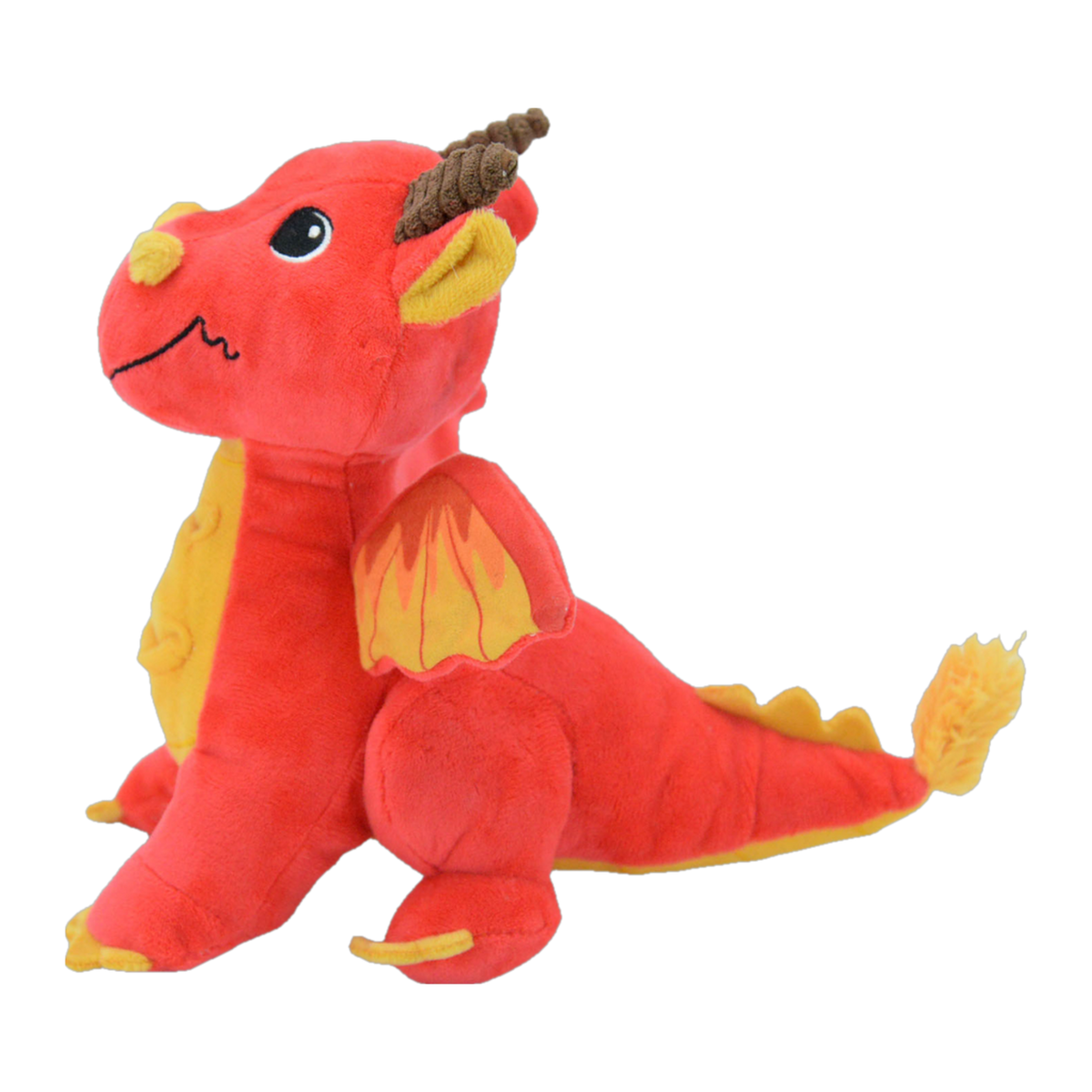 Waggly Treasure Dragon plush dog toy, red dragon with golden wings and a brown corduroy horn