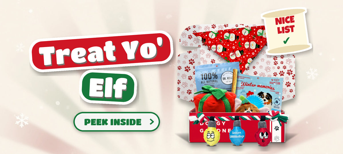Treat Yo' Elf Christmas themed WoofCrate dog box with toys and treats, Peek Inside