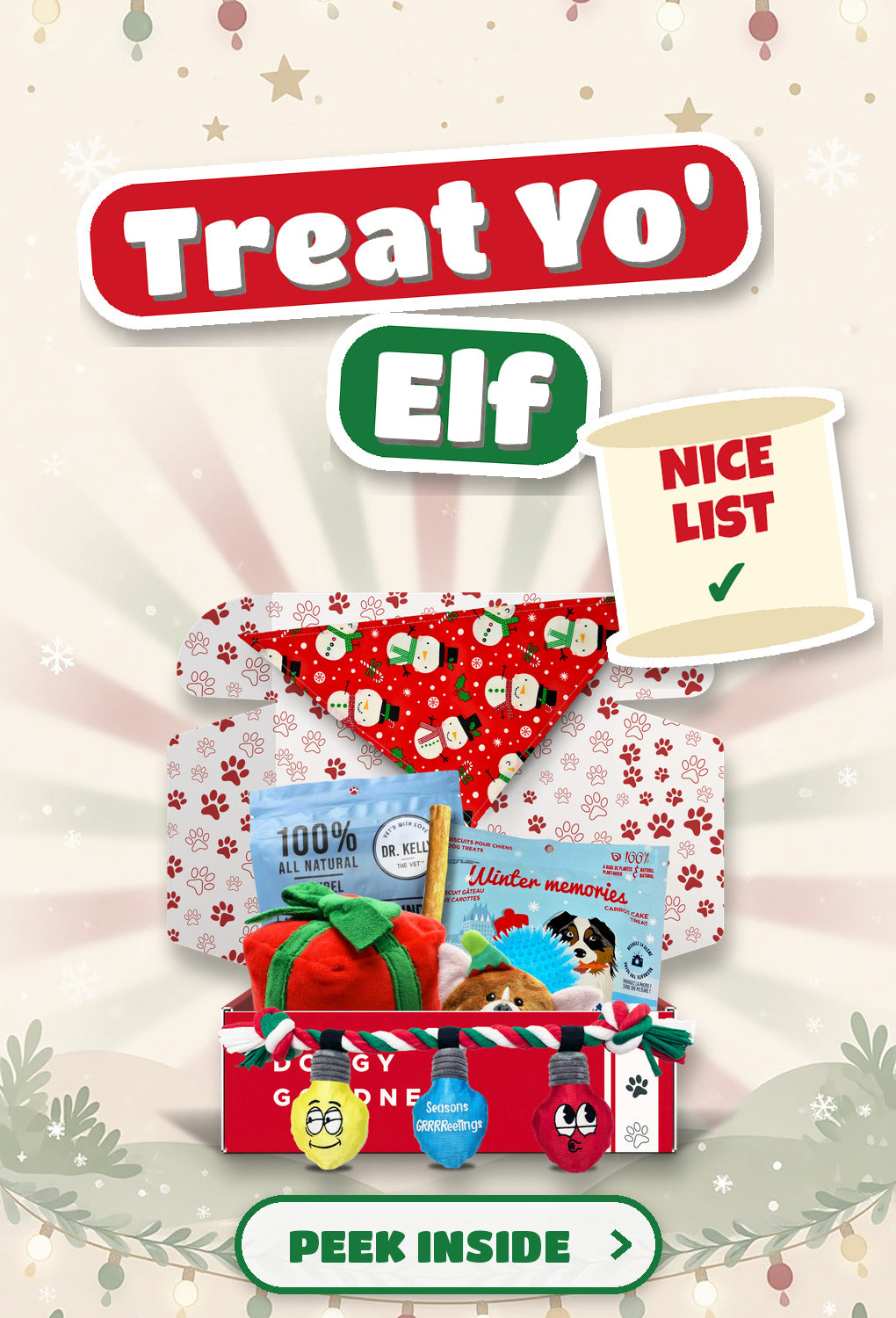 Treat Yo' Elf Christmas themed WoofCrate dog box with toys and treats, Peek Inside