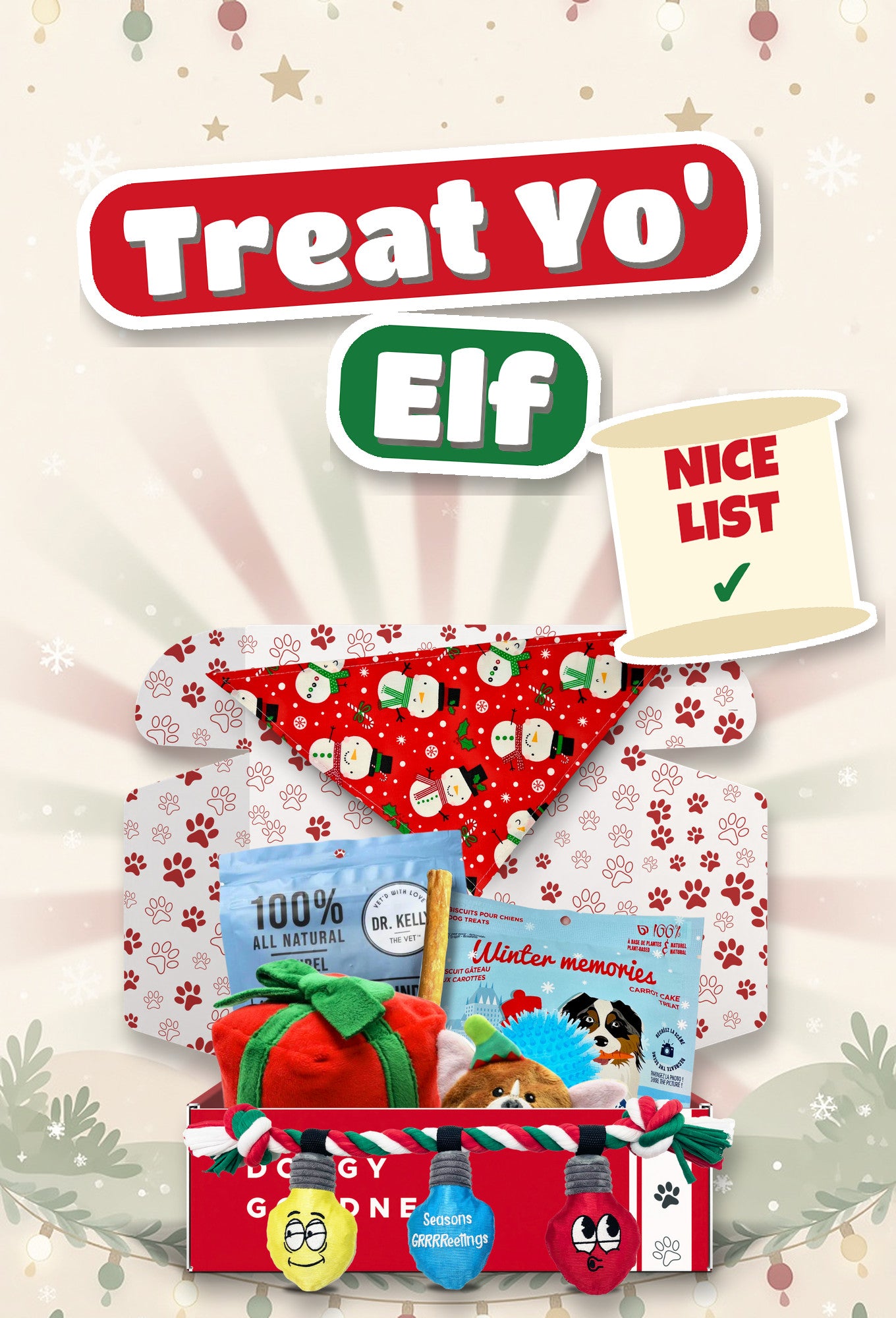 Treat Yo' Elf Christmas themed WoofCrate dog box with toys and treats