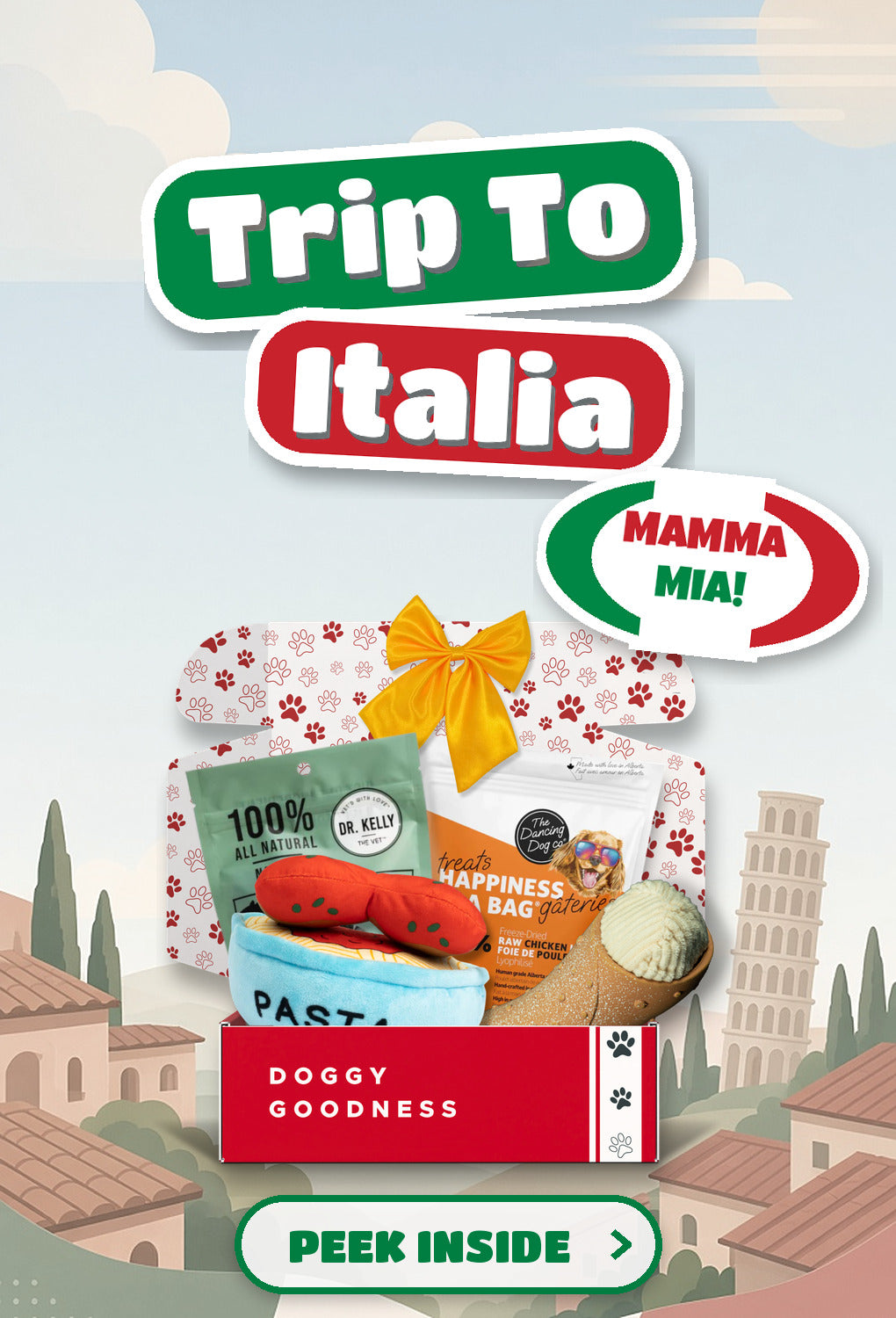 Trip To Italia Italian themed WoofCrate dog box with toys and treats, Peek Inside