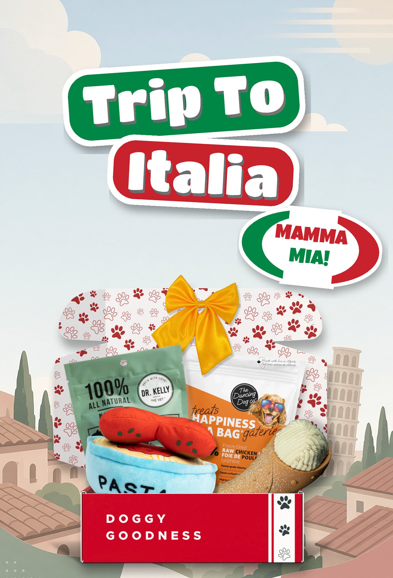 Trip To Italia Italian themed WoofCrate dog box with toys and treats
