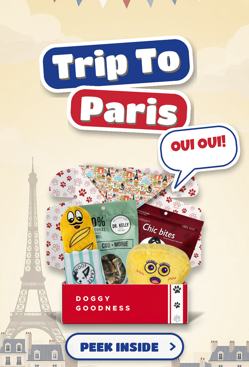 Trip To Paris French themed WoofCrate dog box with toys and treats, Peek Inside
