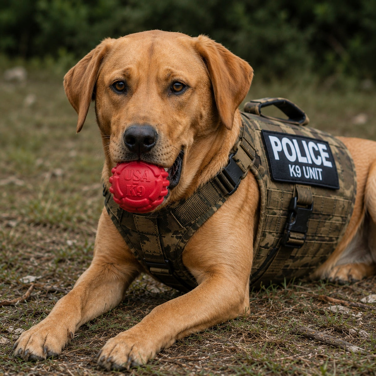 Dog in a K9 vest holding the red USA-K9 dental ball