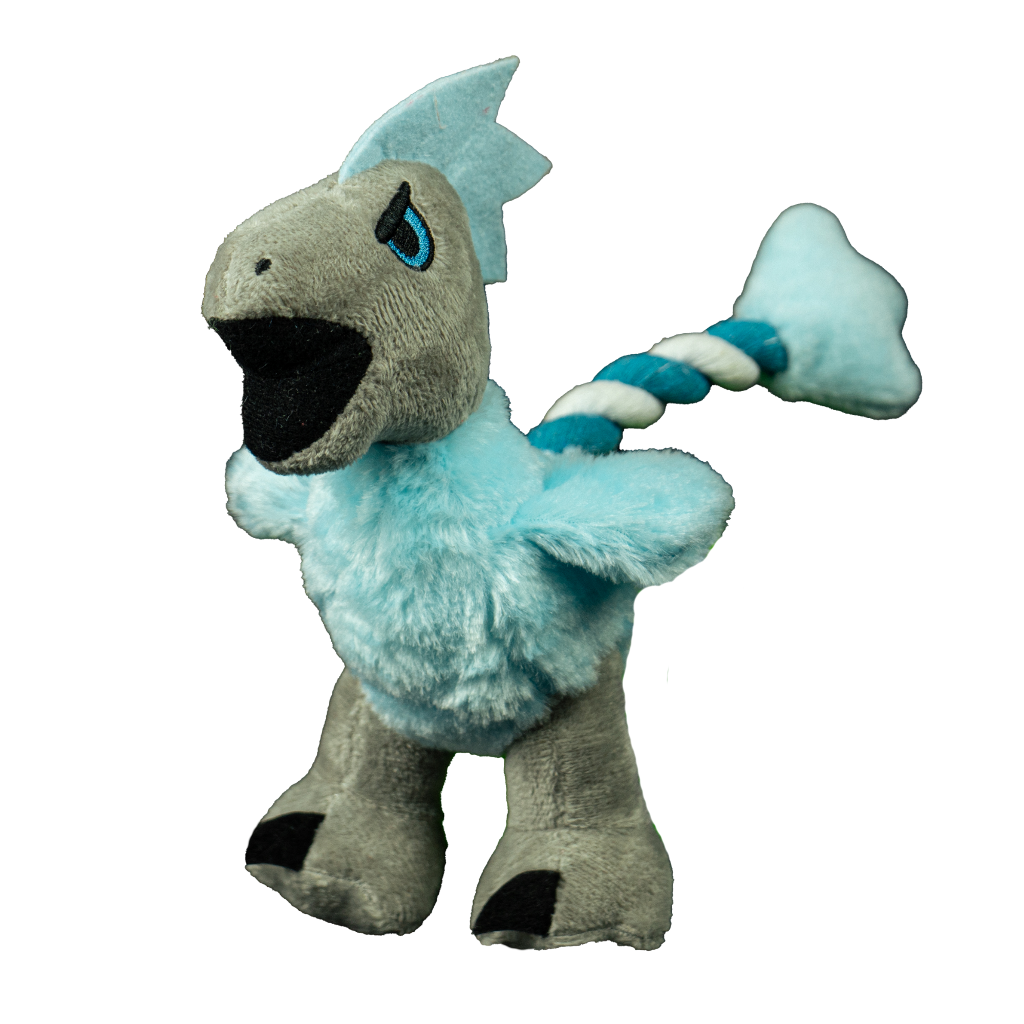 Plush blue and gray dinosaur dog toy with wings, braided rope tail, and stitched facial features