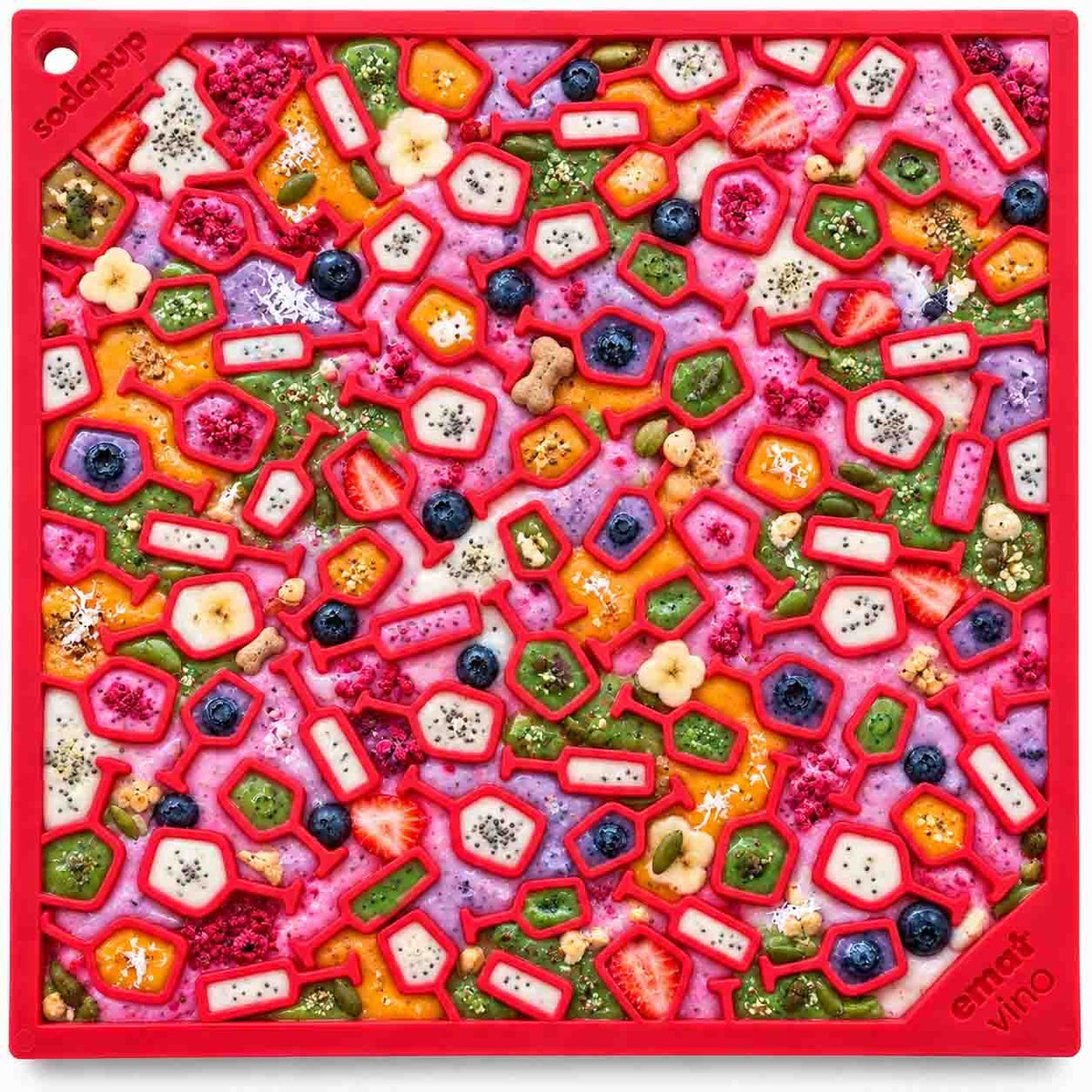 Red Vino lick mat covered in colourful treats