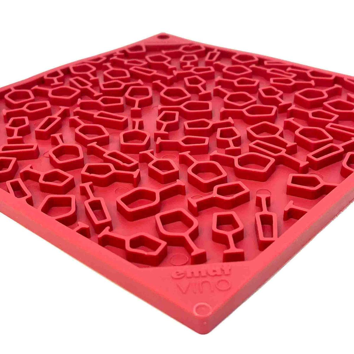 Angled view of the red Vino lick mat