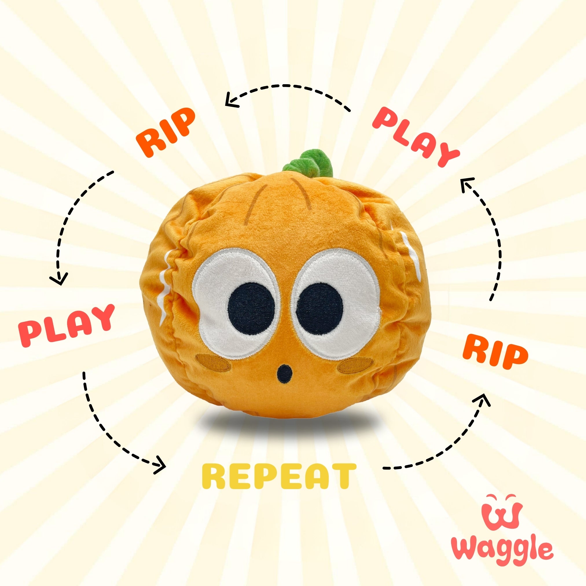 Cute plush pumpkin toy from Waggle with large eyes, surrounded by circular arrows labeled ‘Rip’, ‘Play’, ‘Repeat’