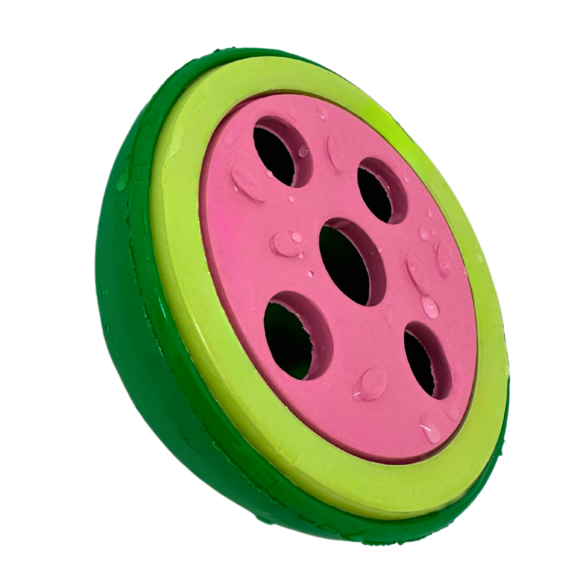 Watermelon-shaped dog toy with pink center, green rind edge, and five treat holes