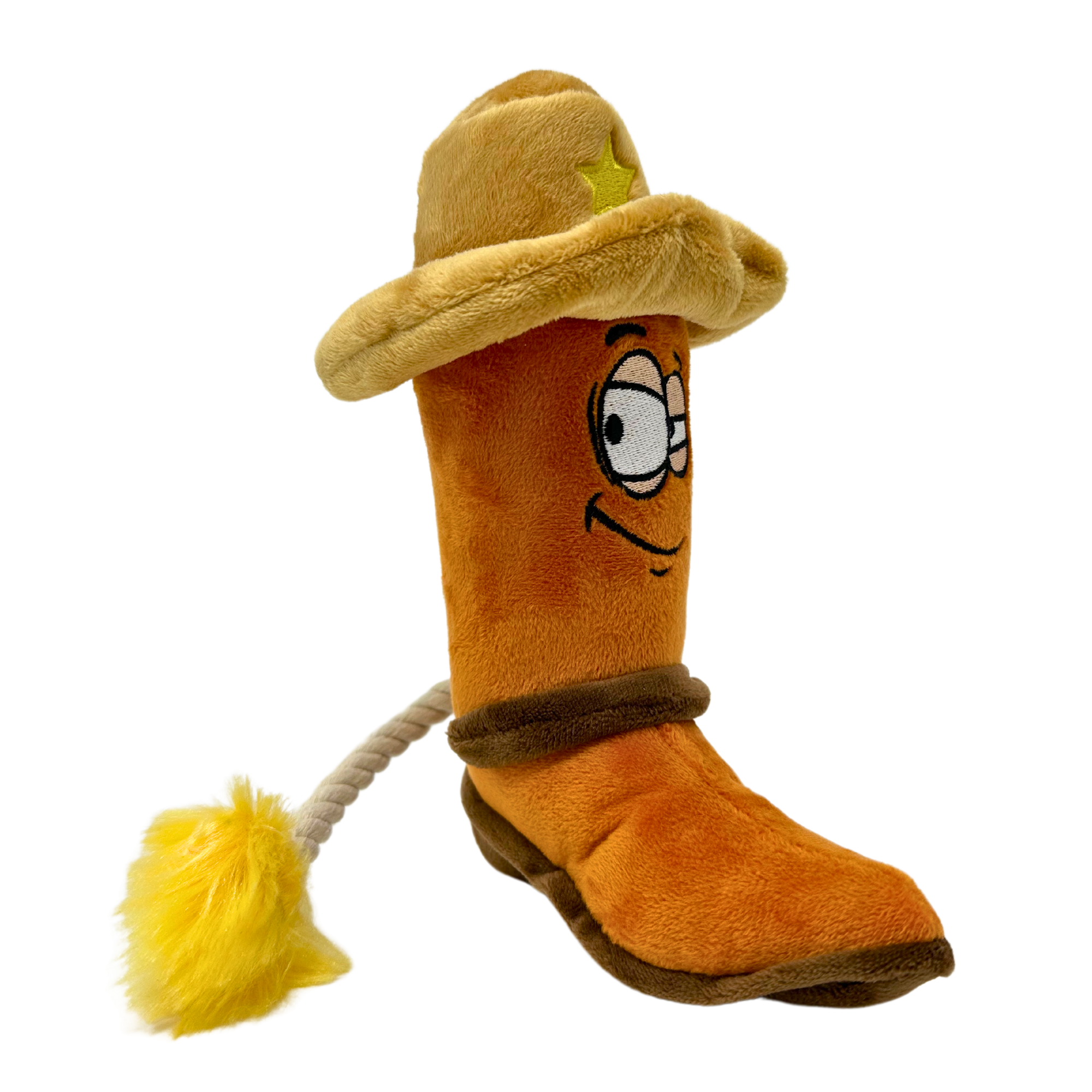 Cowboy boot plush dog toy with silly cartoon eyes, rope boot loop, crinkly sheriff hat, and squeaky body